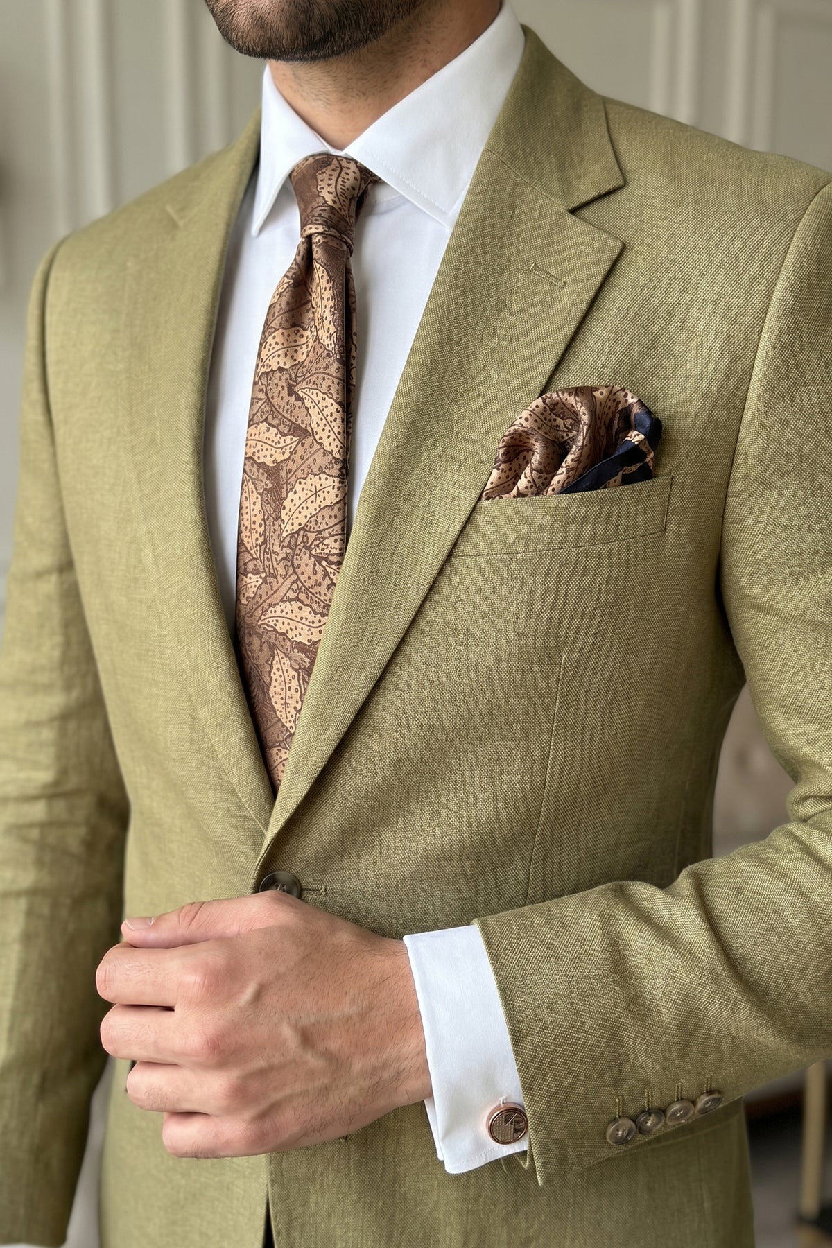 Gold Tie Set with Printed Leaves - 3 Pieces