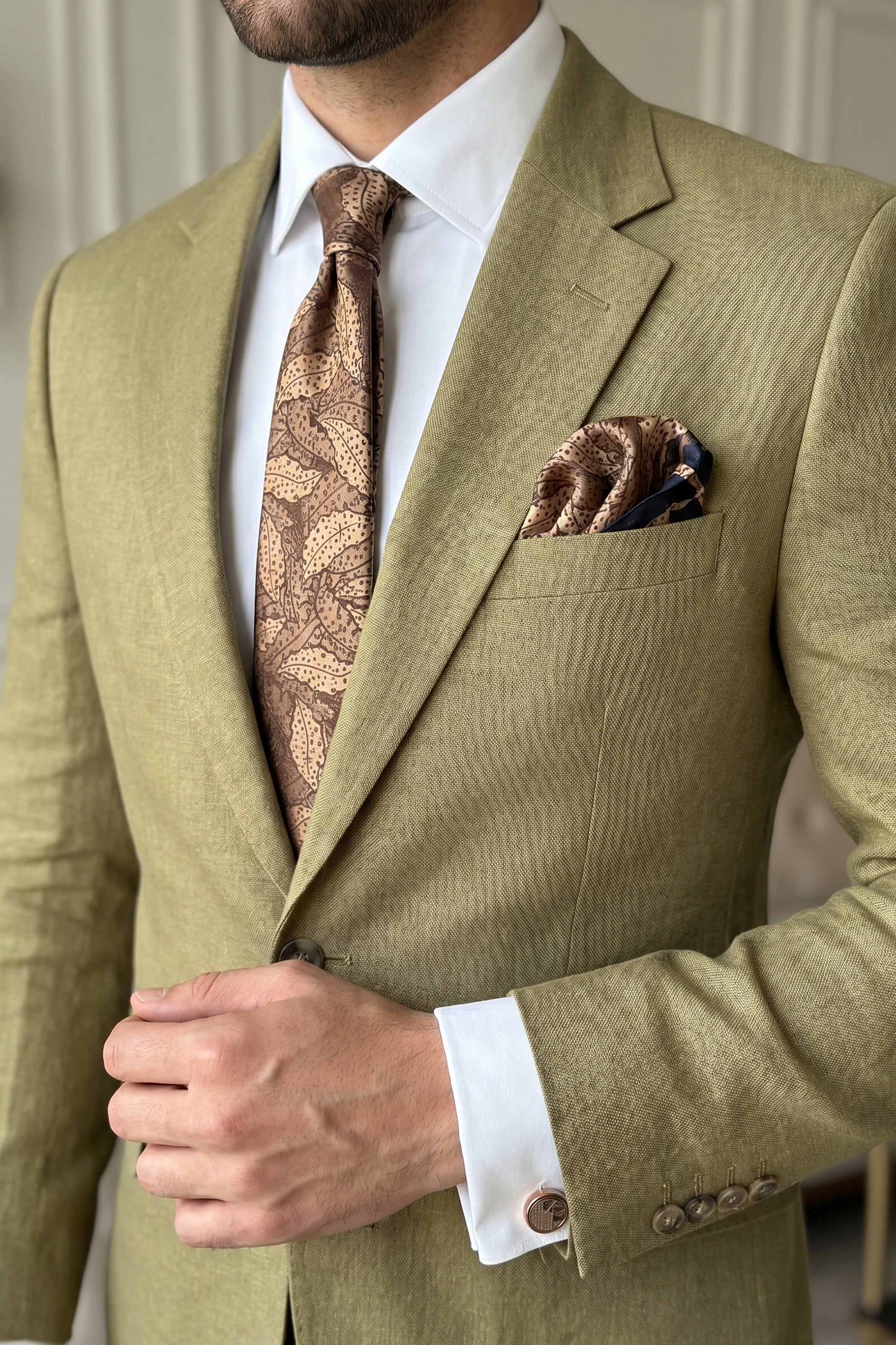 Gold Tie Set with Printed Leaves - 3 Pieces