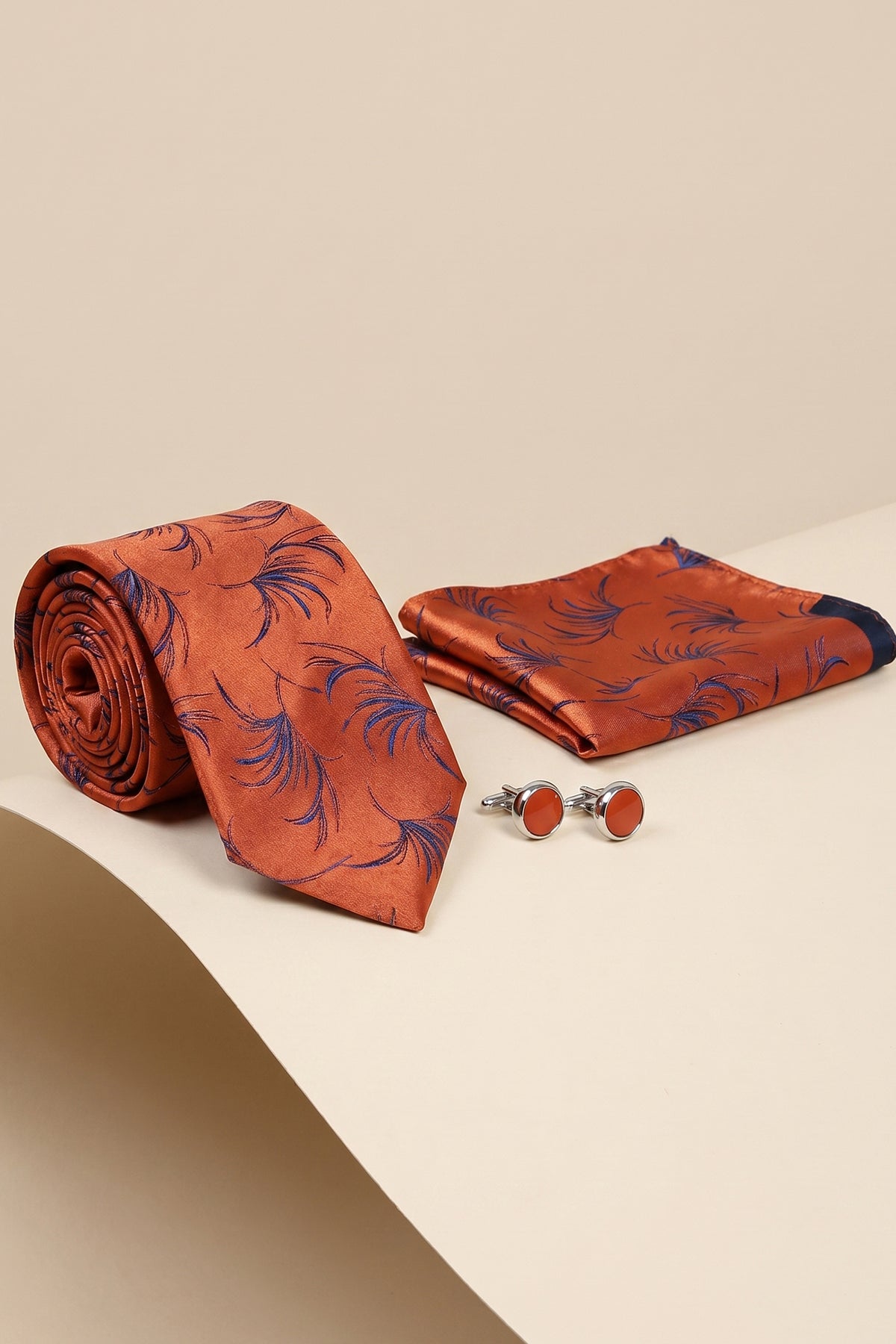 Orange Tie Set with Navy Leaf Print - 3 Pieces