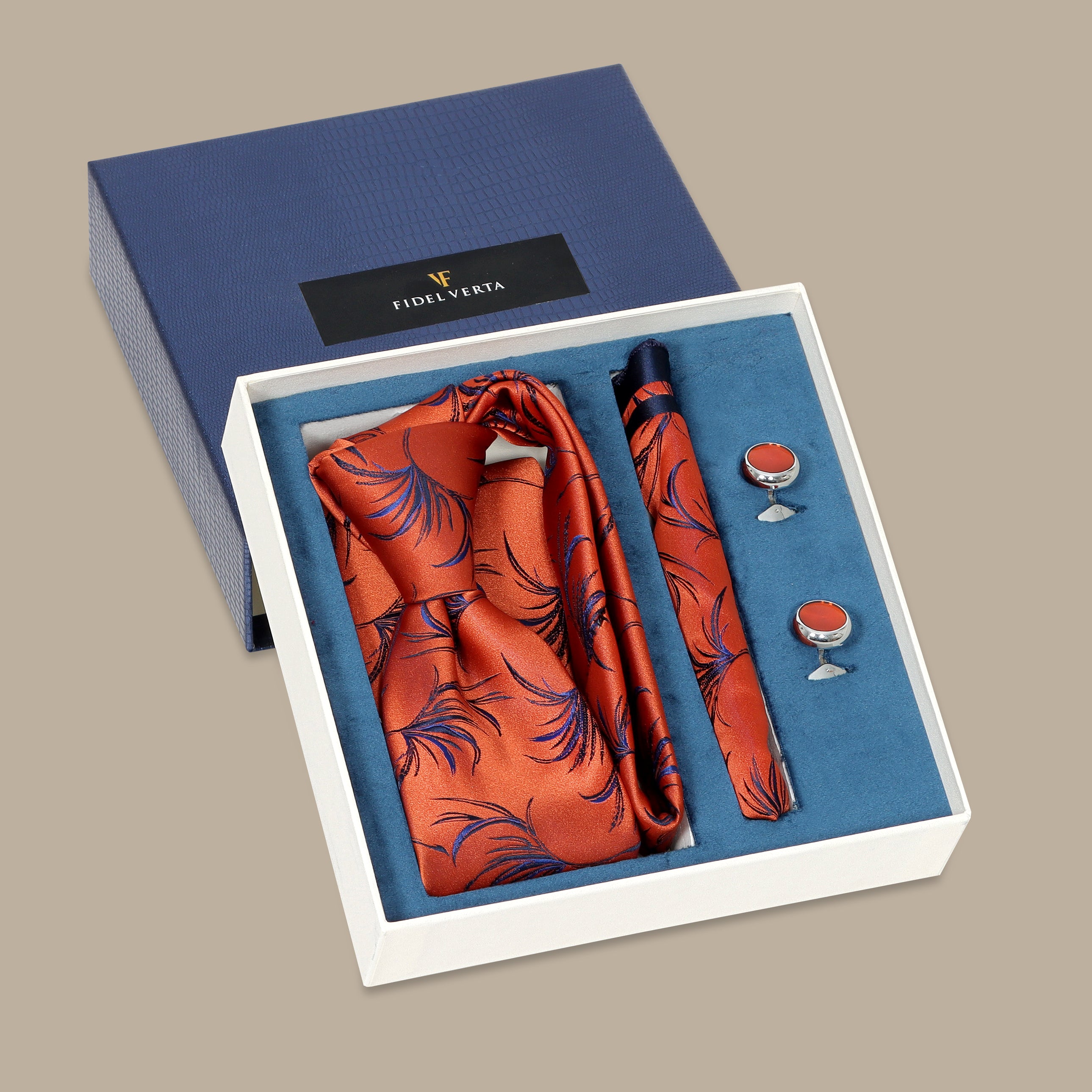 Orange Tie Set with Navy Leaf Print - 3 Pieces