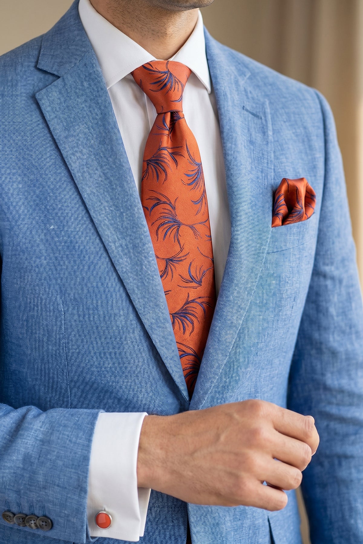 Orange Tie Set with Navy Leaf Print - 3 Pieces