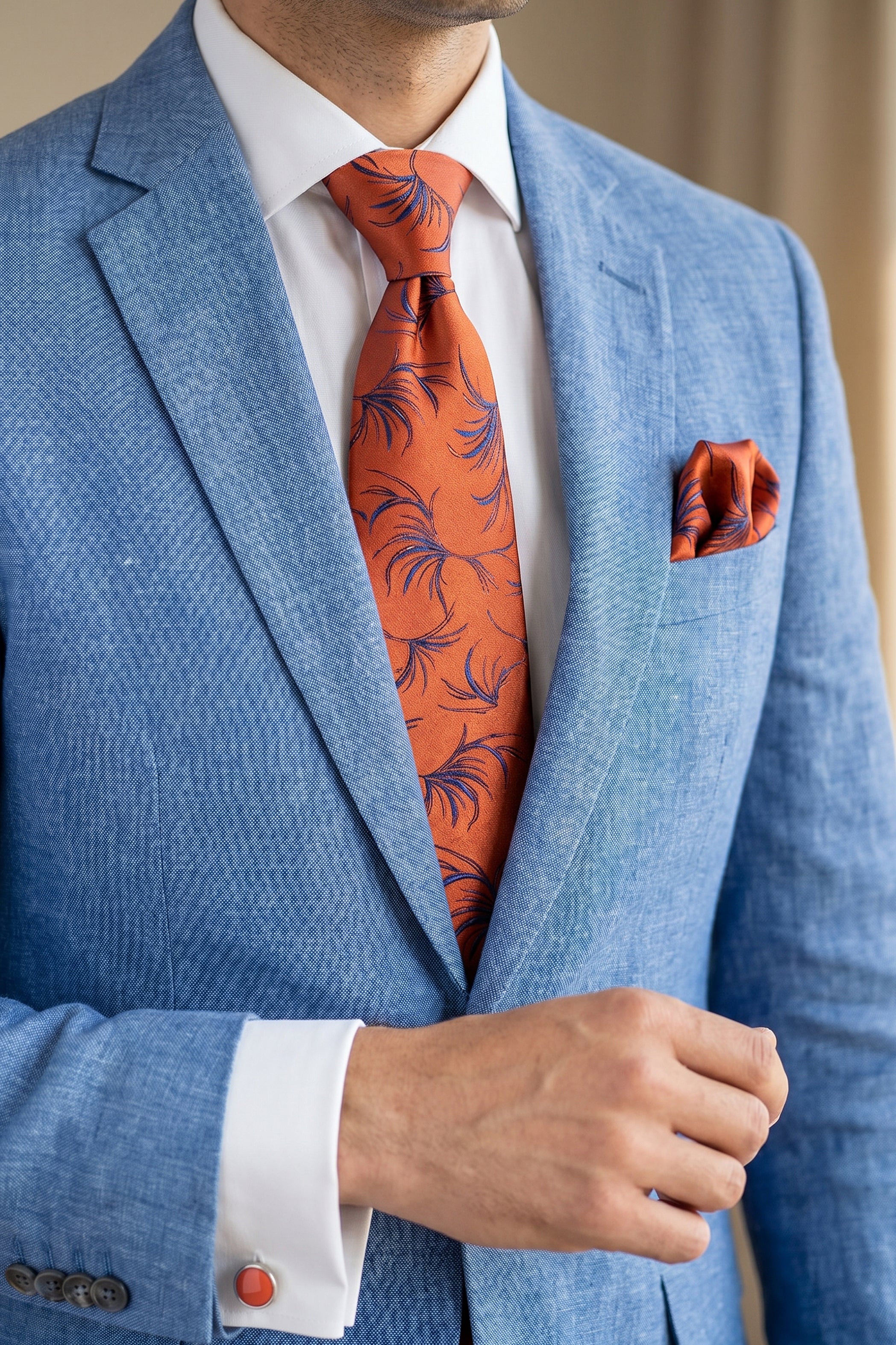 Orange Tie Set with Navy Leaf Print - 3 Pieces