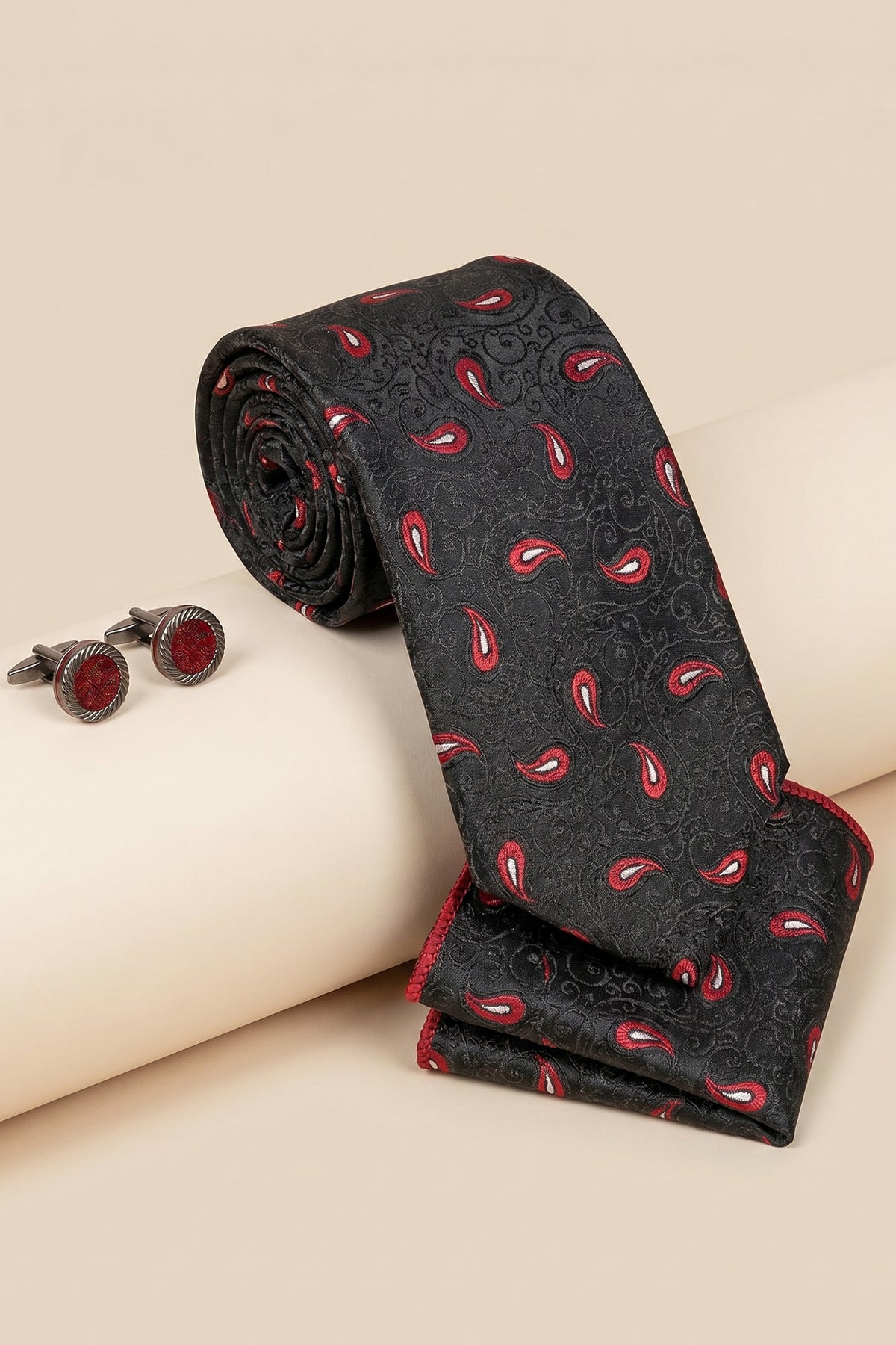 Black Tie Set with Red Cashmere Print - 3 Pieces