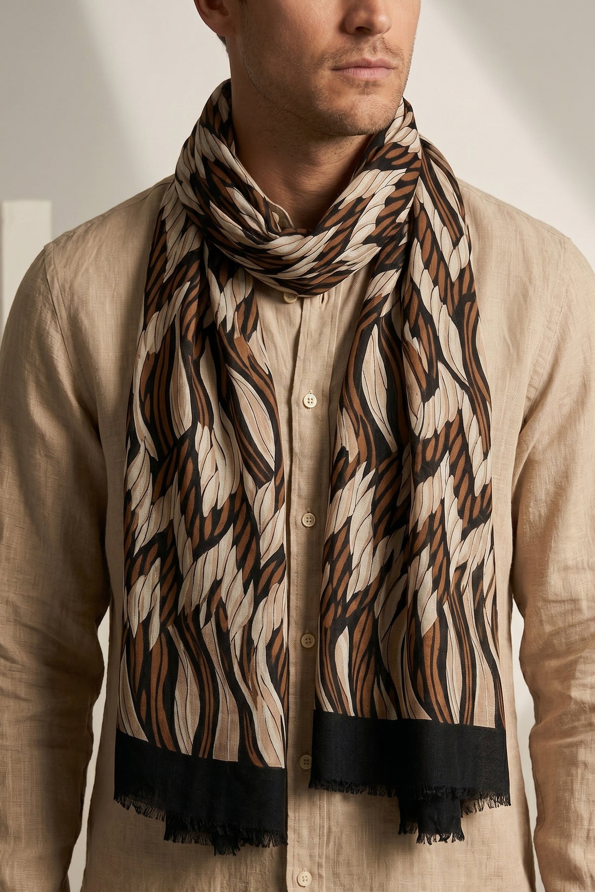 Beige Scarf with Zigzag Ribbed Design