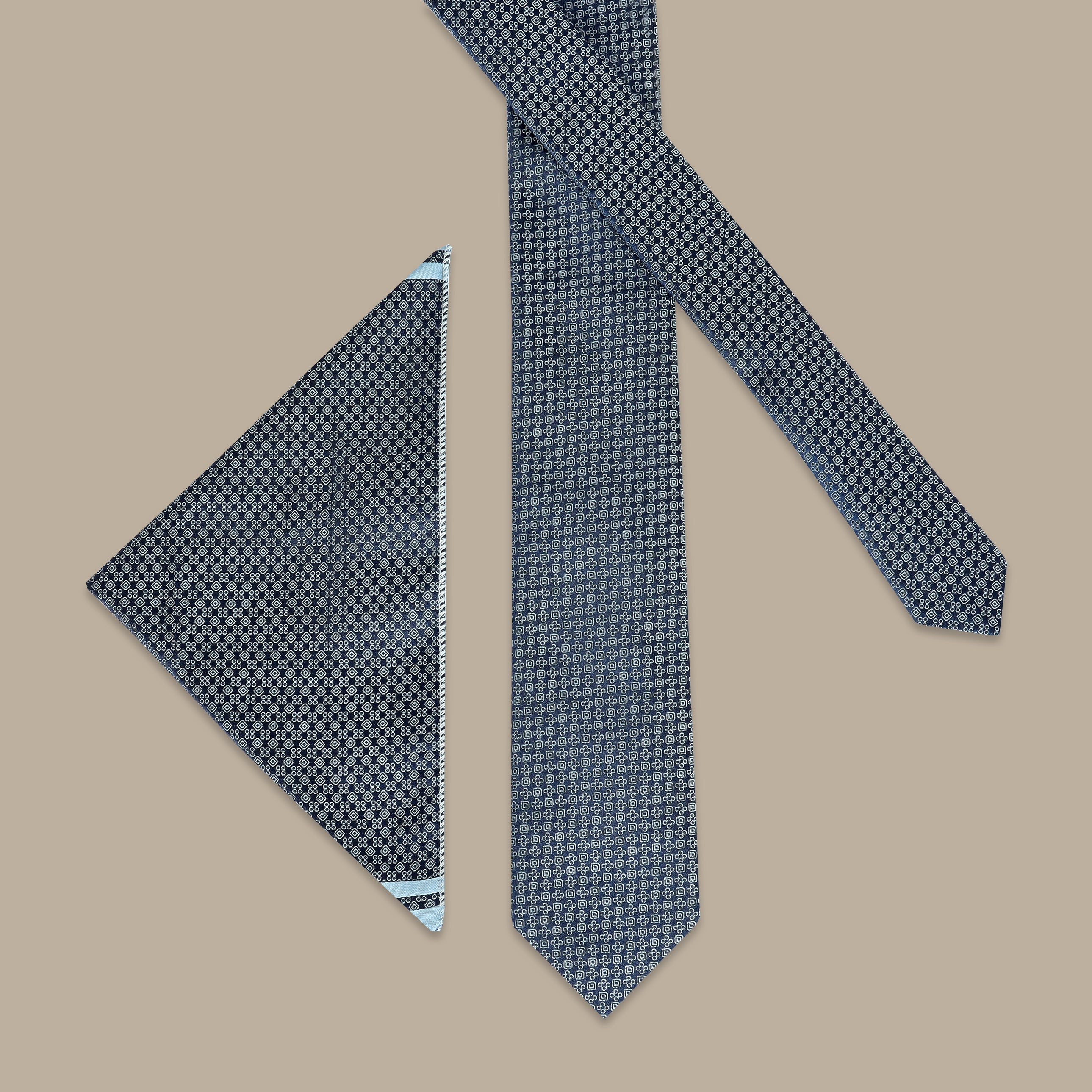 Blue Tie Set with Floral and Square Patterns