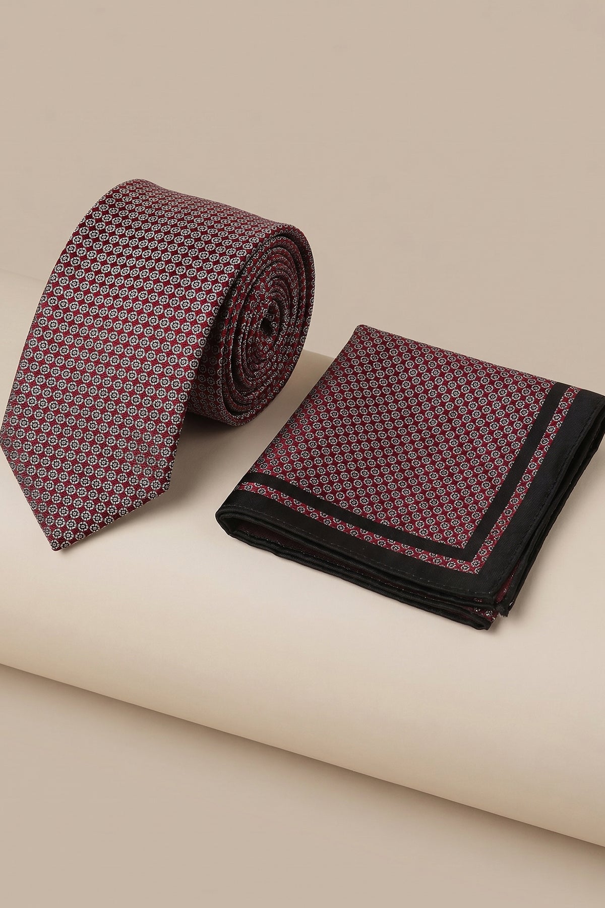 Burgundy Tie Set with Floral and Square Patterns