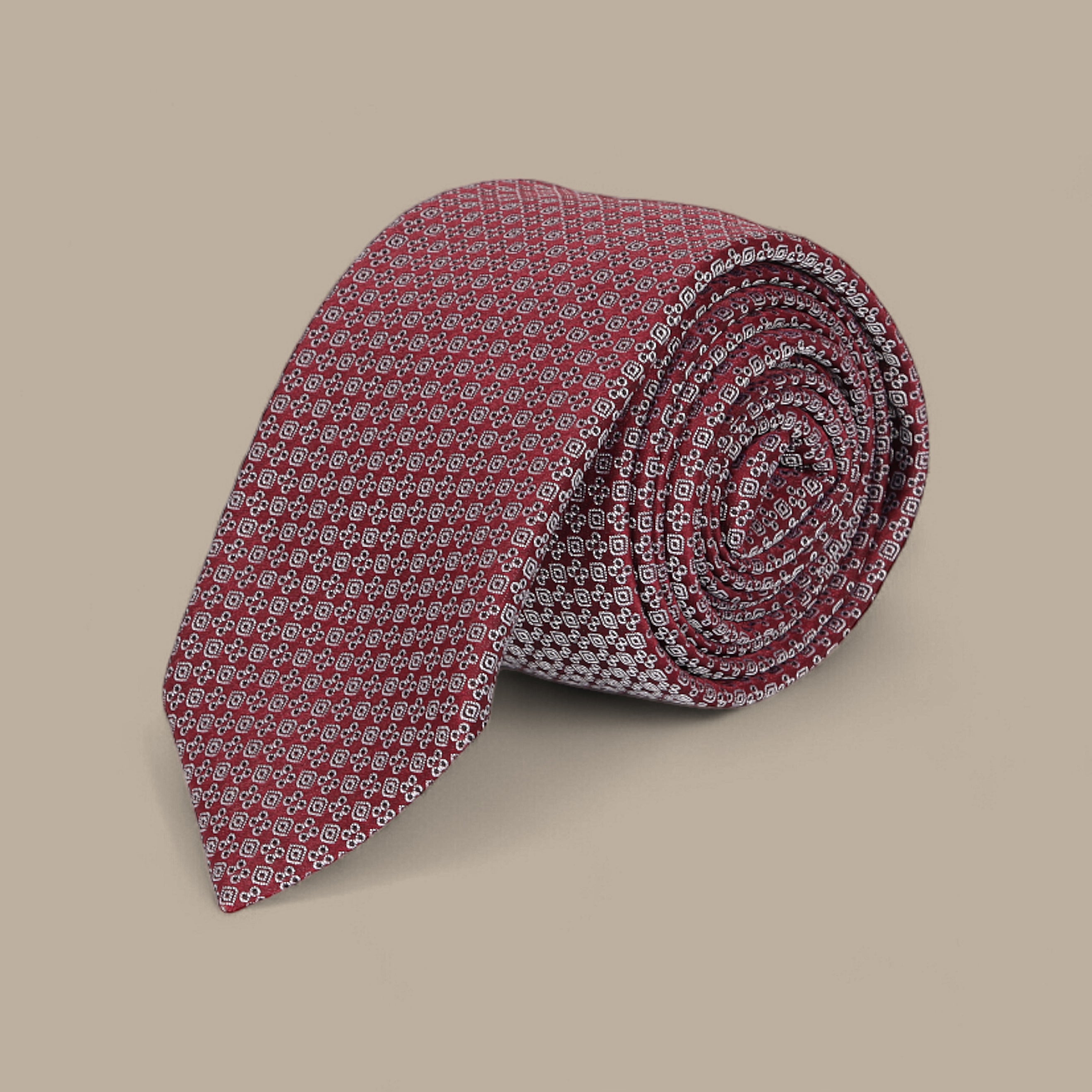 Burgundy Tie Set with Floral and Square Patterns