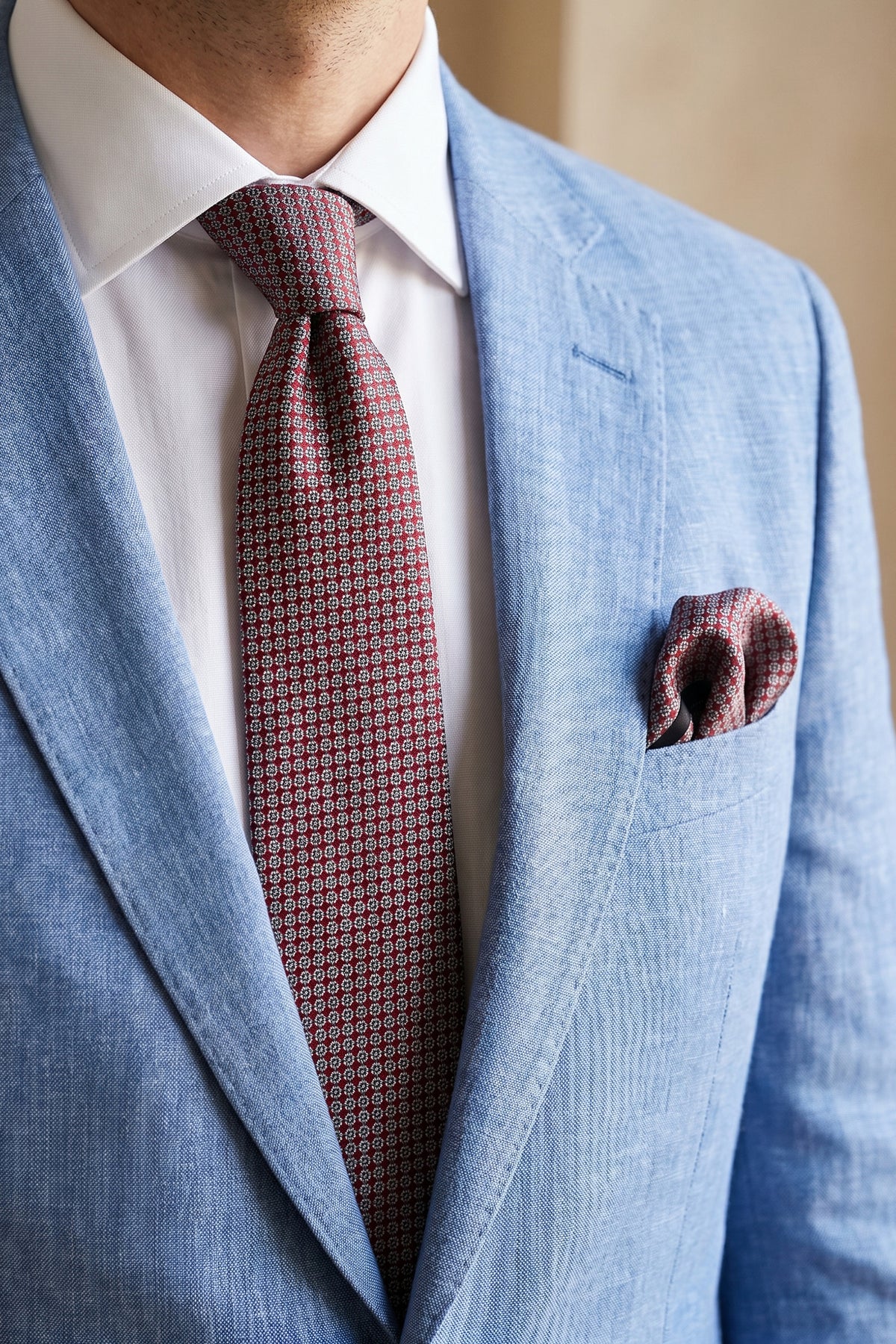 Burgundy Tie Set with Floral and Square Patterns