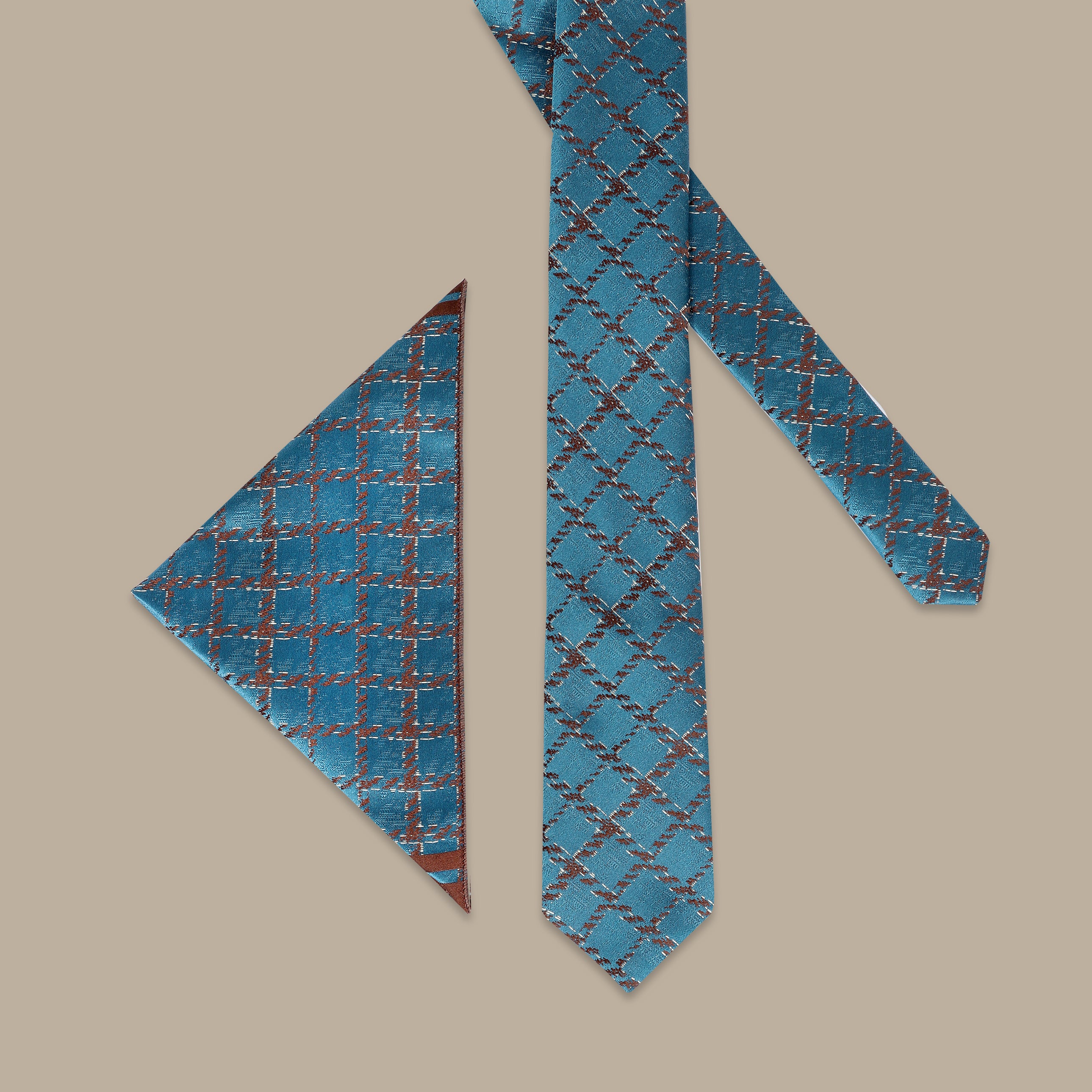 Blue Tie Set with Diagonal Black Stripes