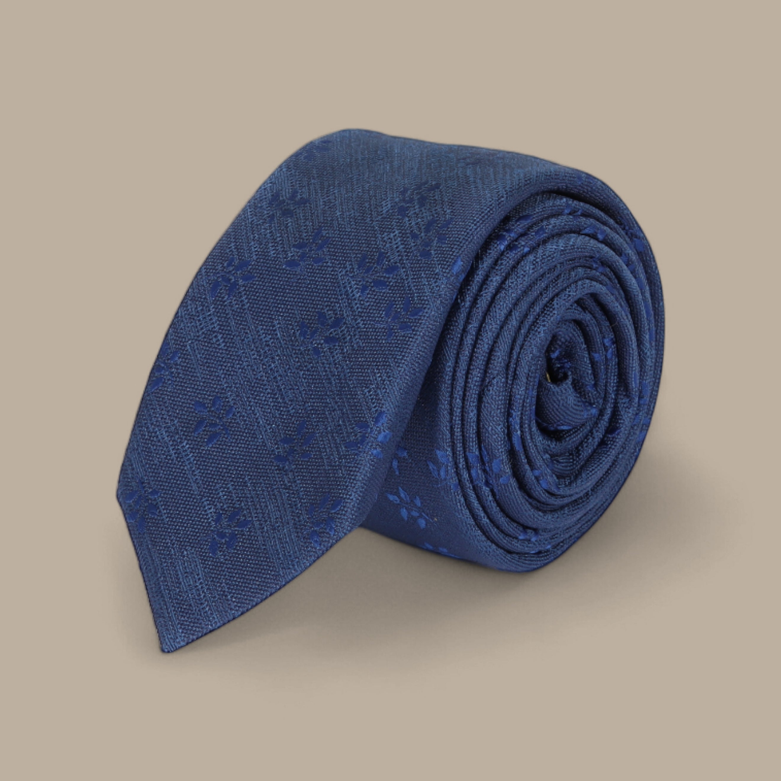 Dark Blue Tie Set with Brocade Floral Print