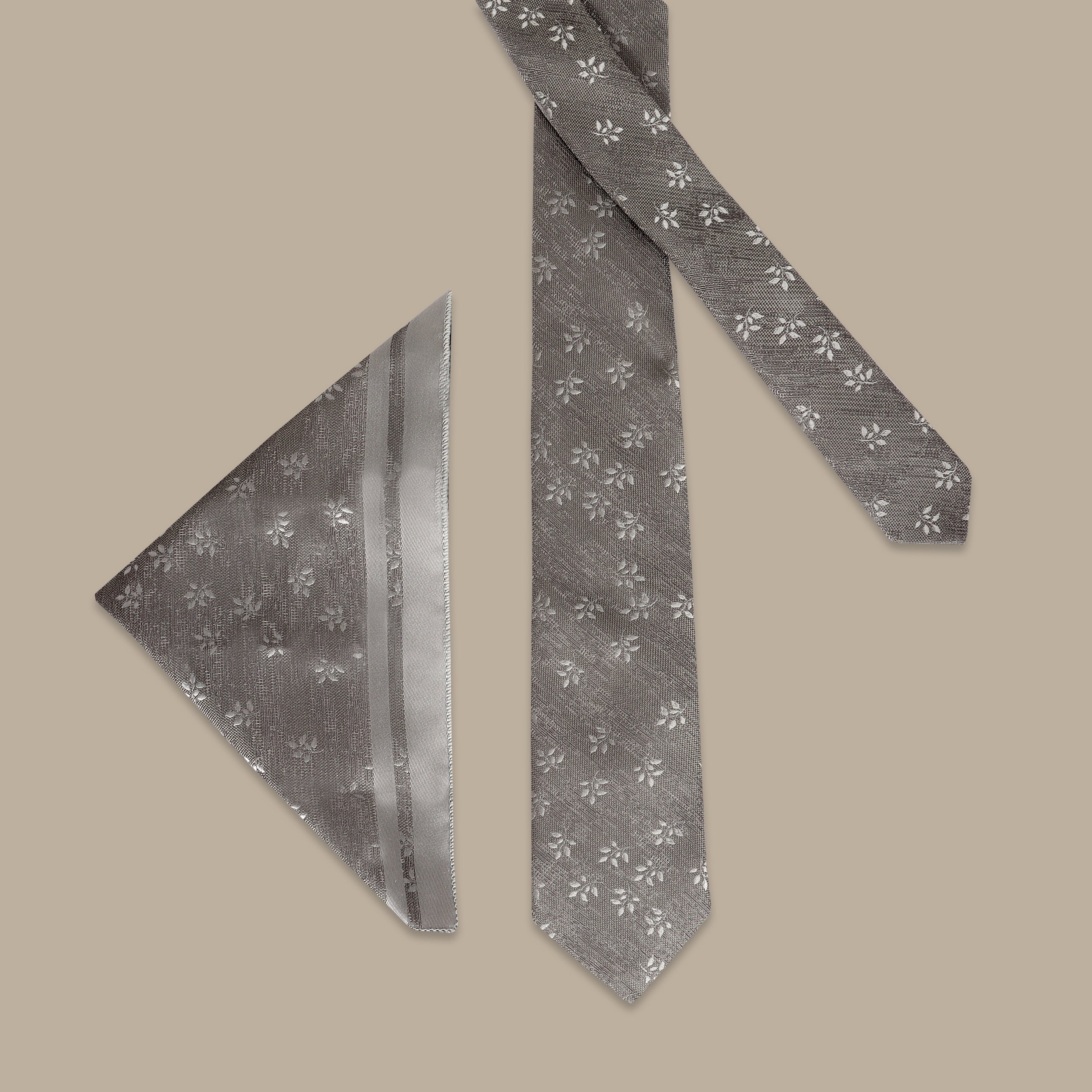 Light Grey Tie Set with Printed Brocart Flower