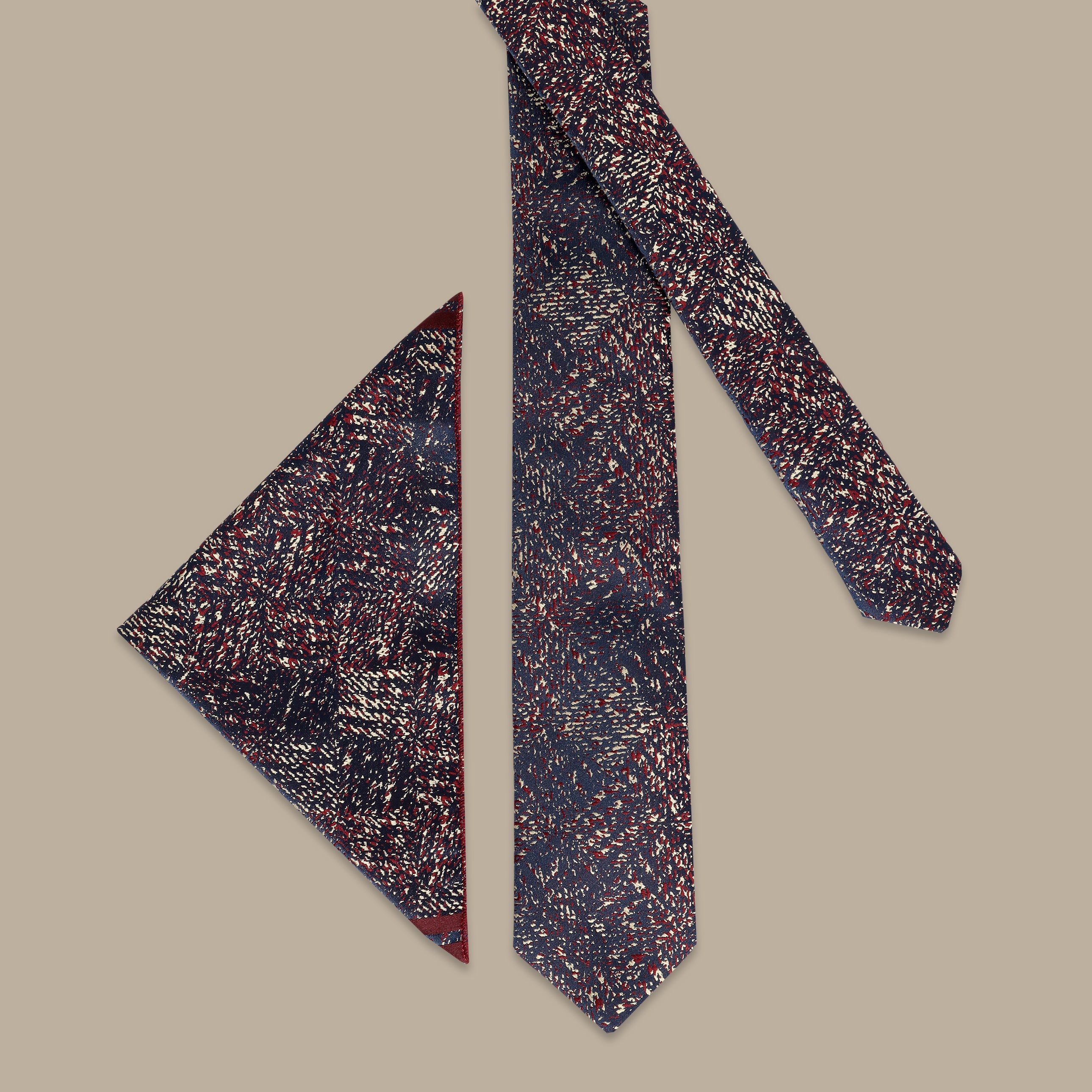 Navy Tie Set with Half Burgundy and Beige Pattern