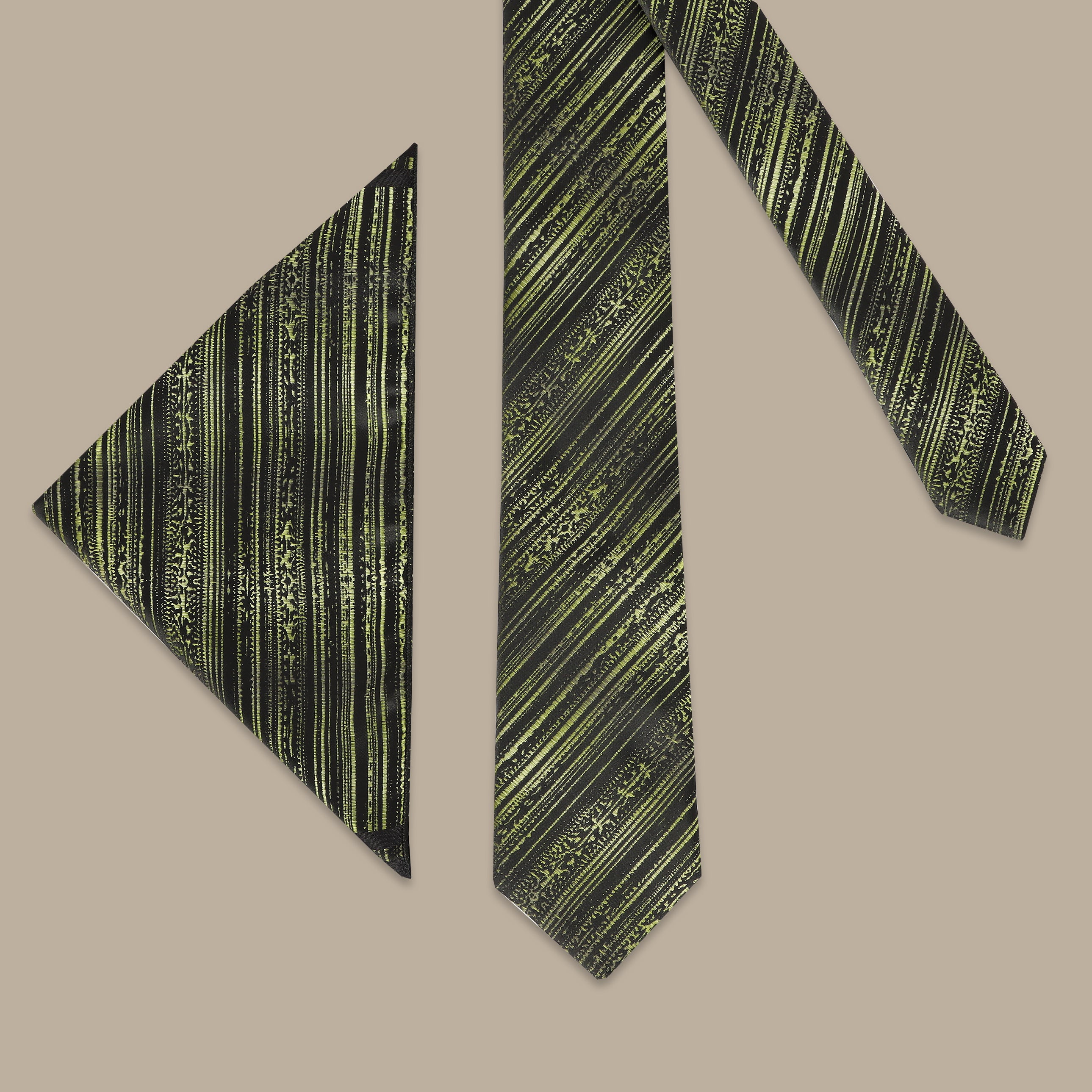 Black Tie Set with Pistache Diagonal Stripes