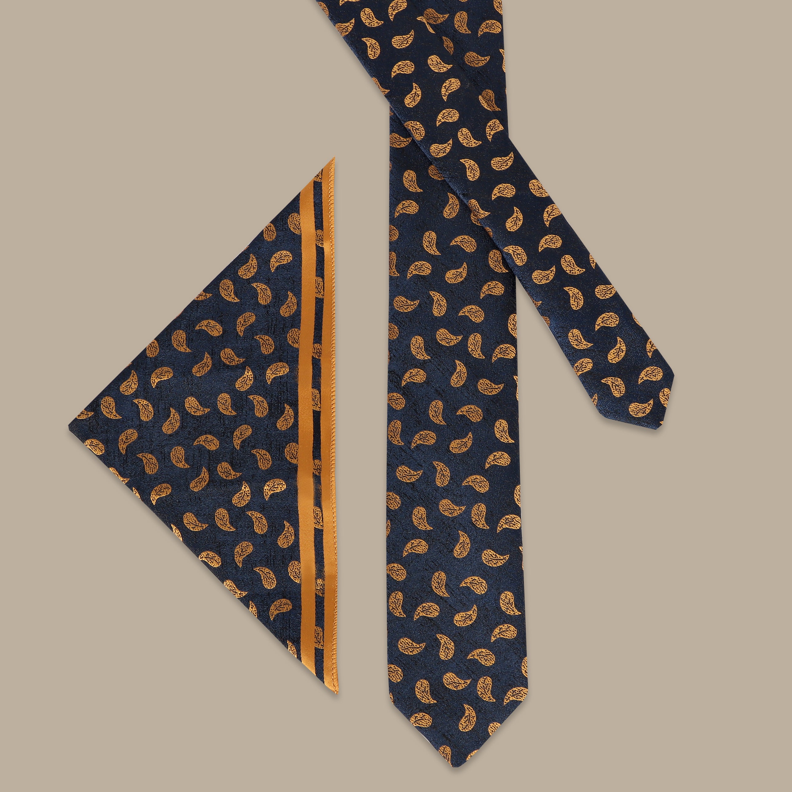 Navy Tie Set with Yellow Cashmere Print