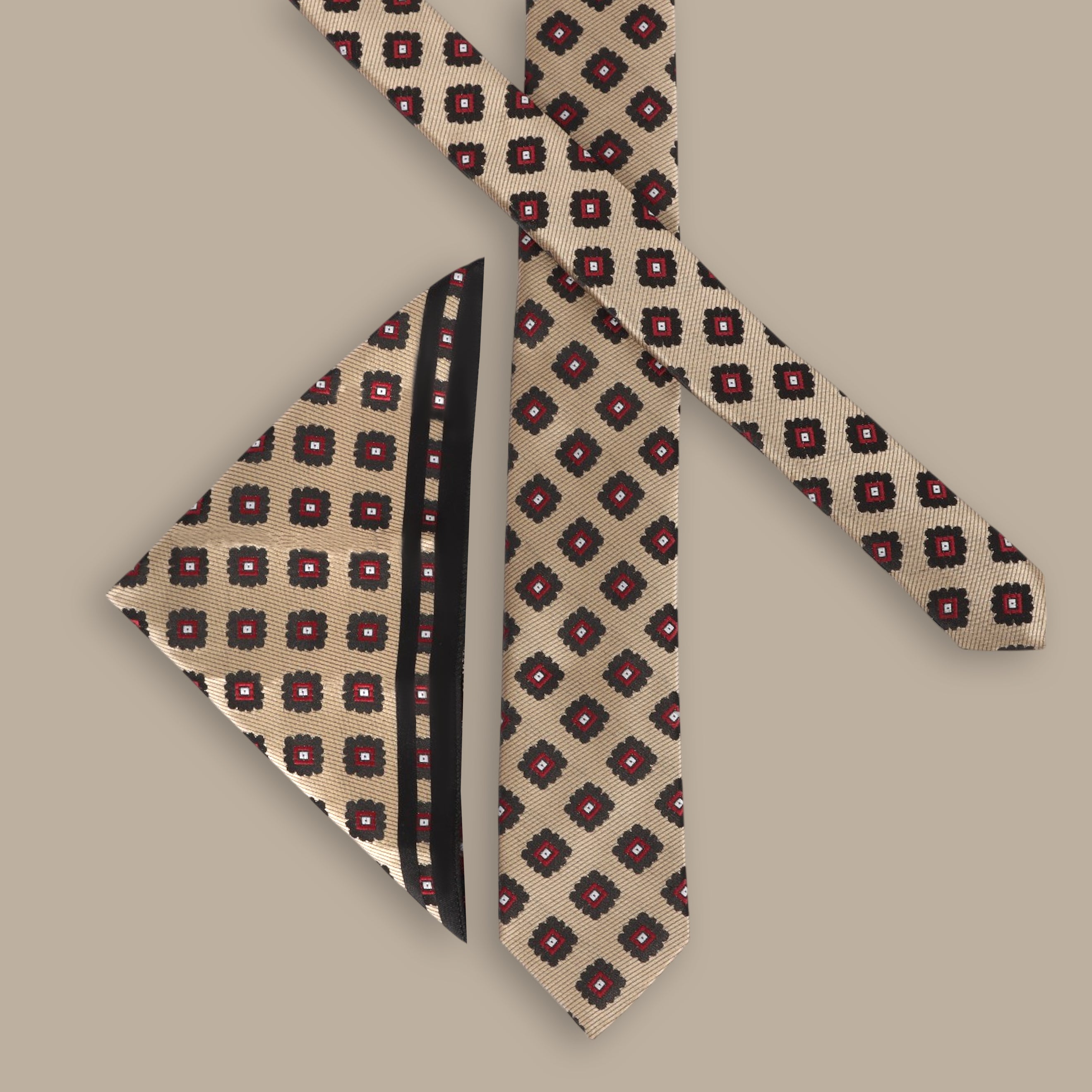 Beige Tie Set with Big Diamond Pattern