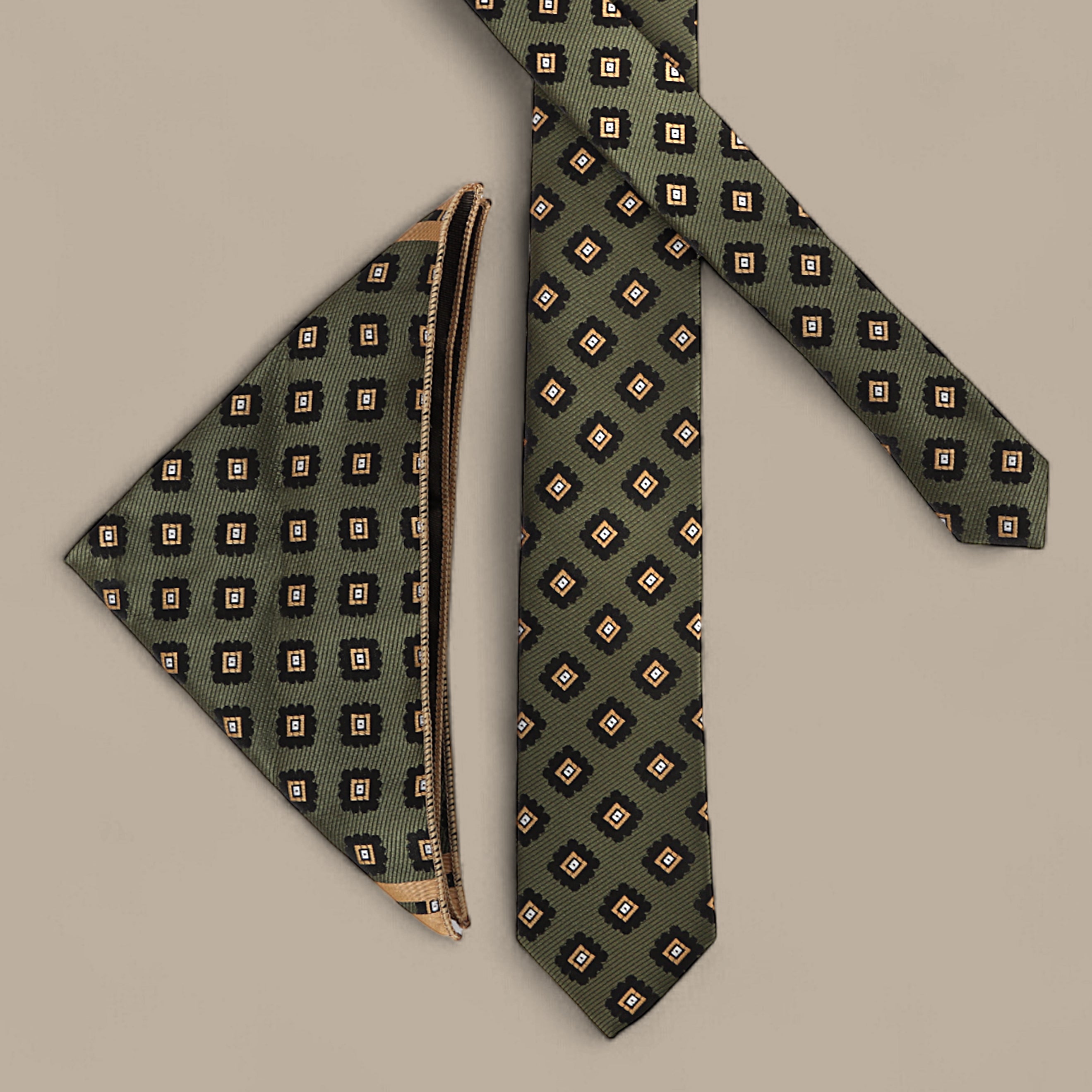 Olive Tie Set with Big Diamond Pattern