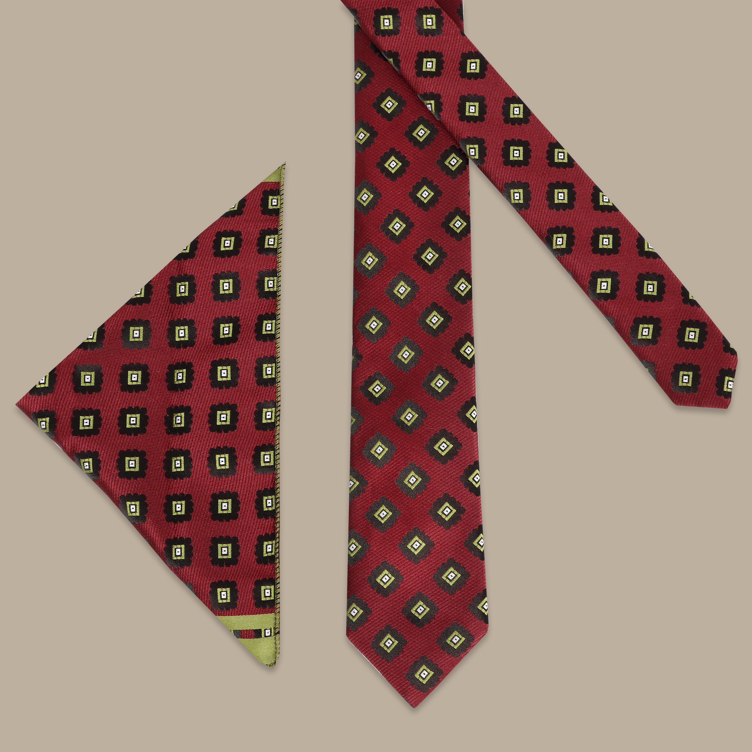 Burgundy Tie Set with Big Diamond Print