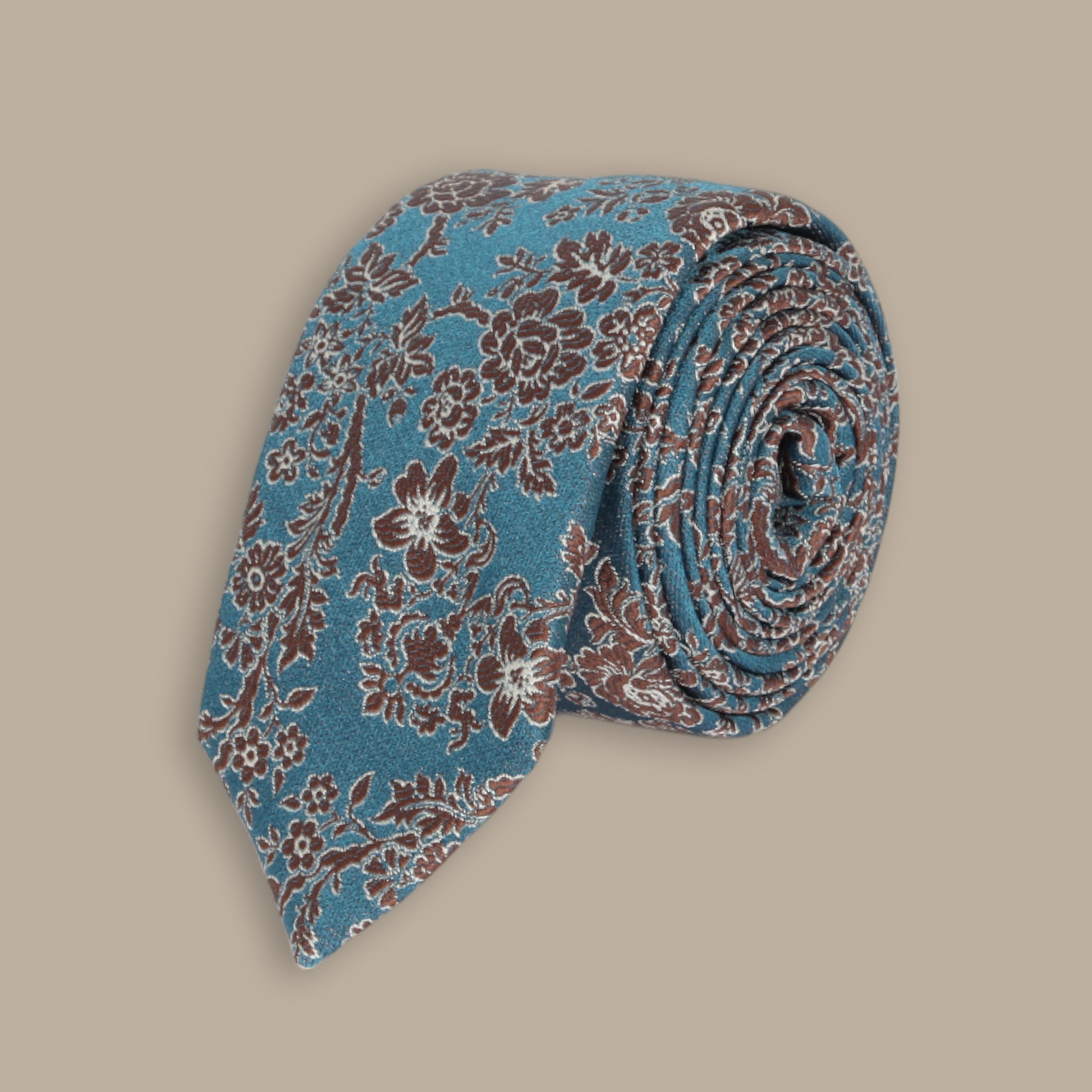 Blue Tie Set with Vertical Red Leaves Print