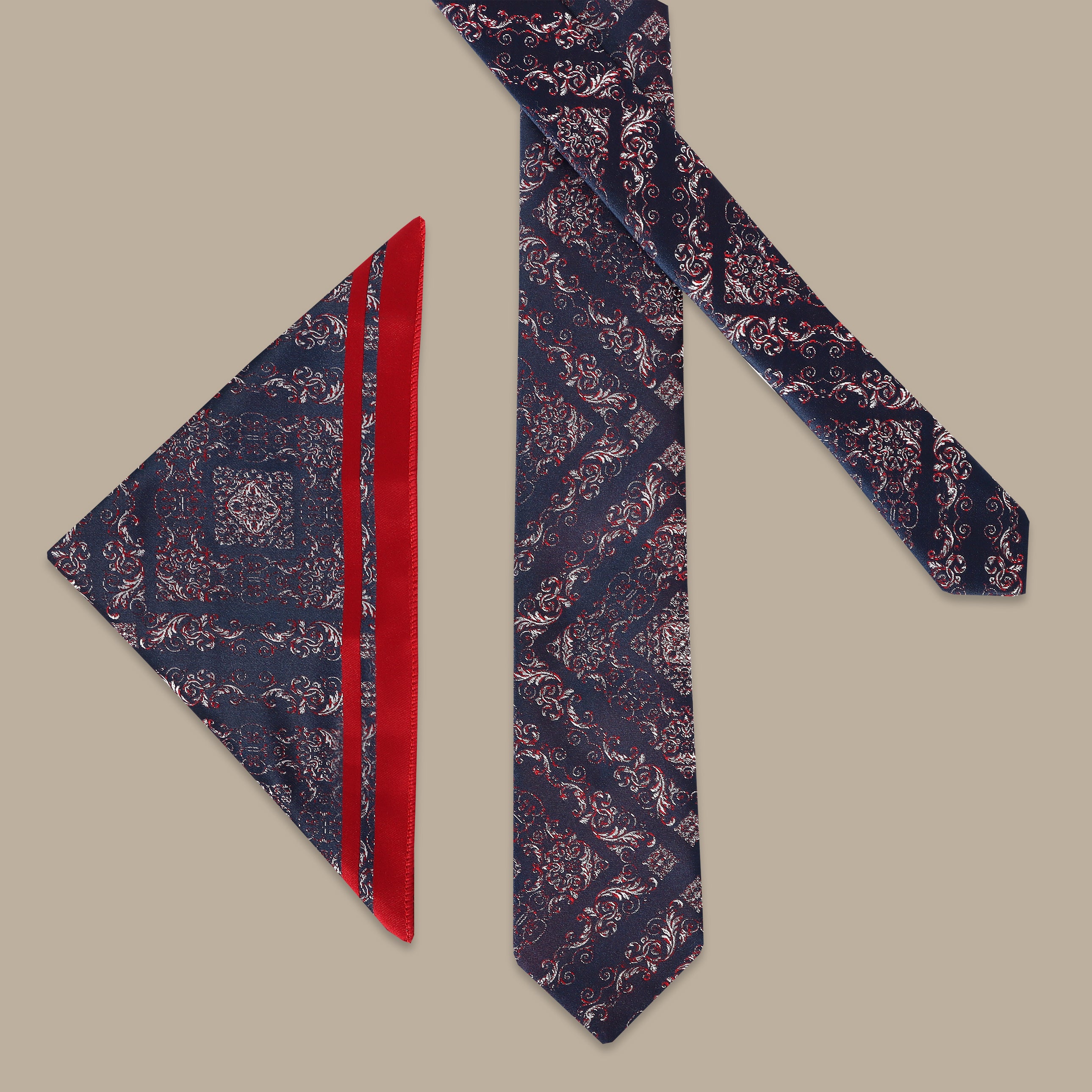 Navy Tie Set with Vertical Red Leaf Print