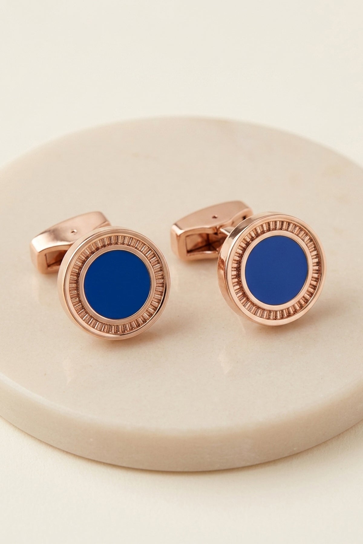 Rose Gold Round Cufflinks with Blue Stone