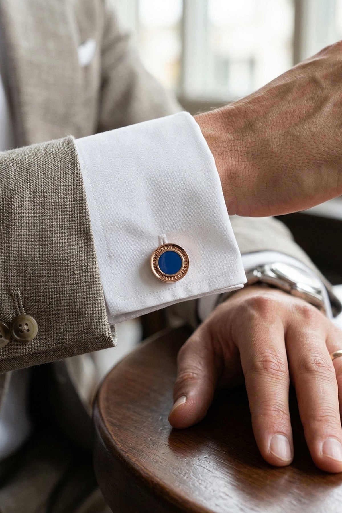 Rose Gold Round Cufflinks with Blue Stone