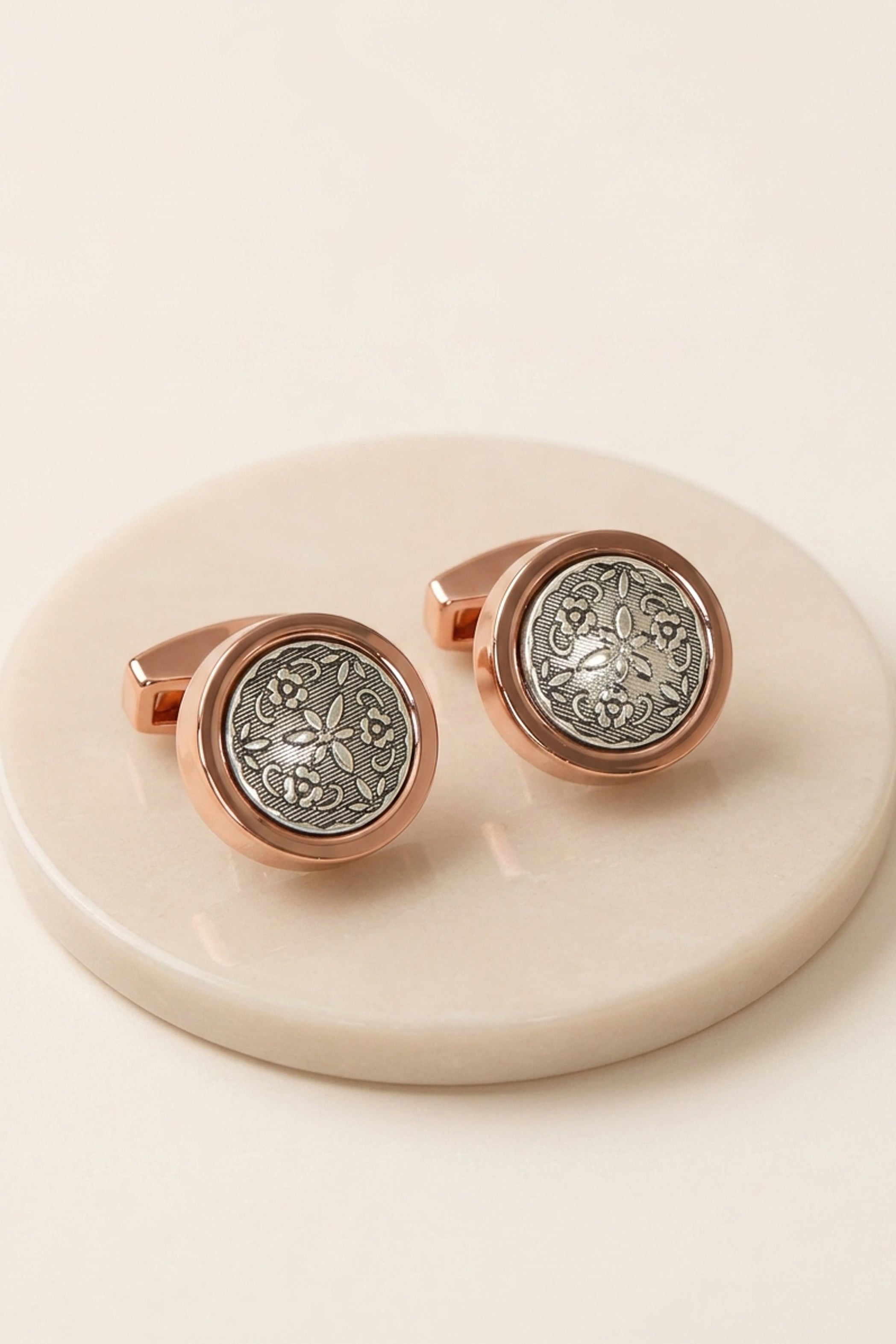 Silver Leaf Round Cufflinks in Rose Gold