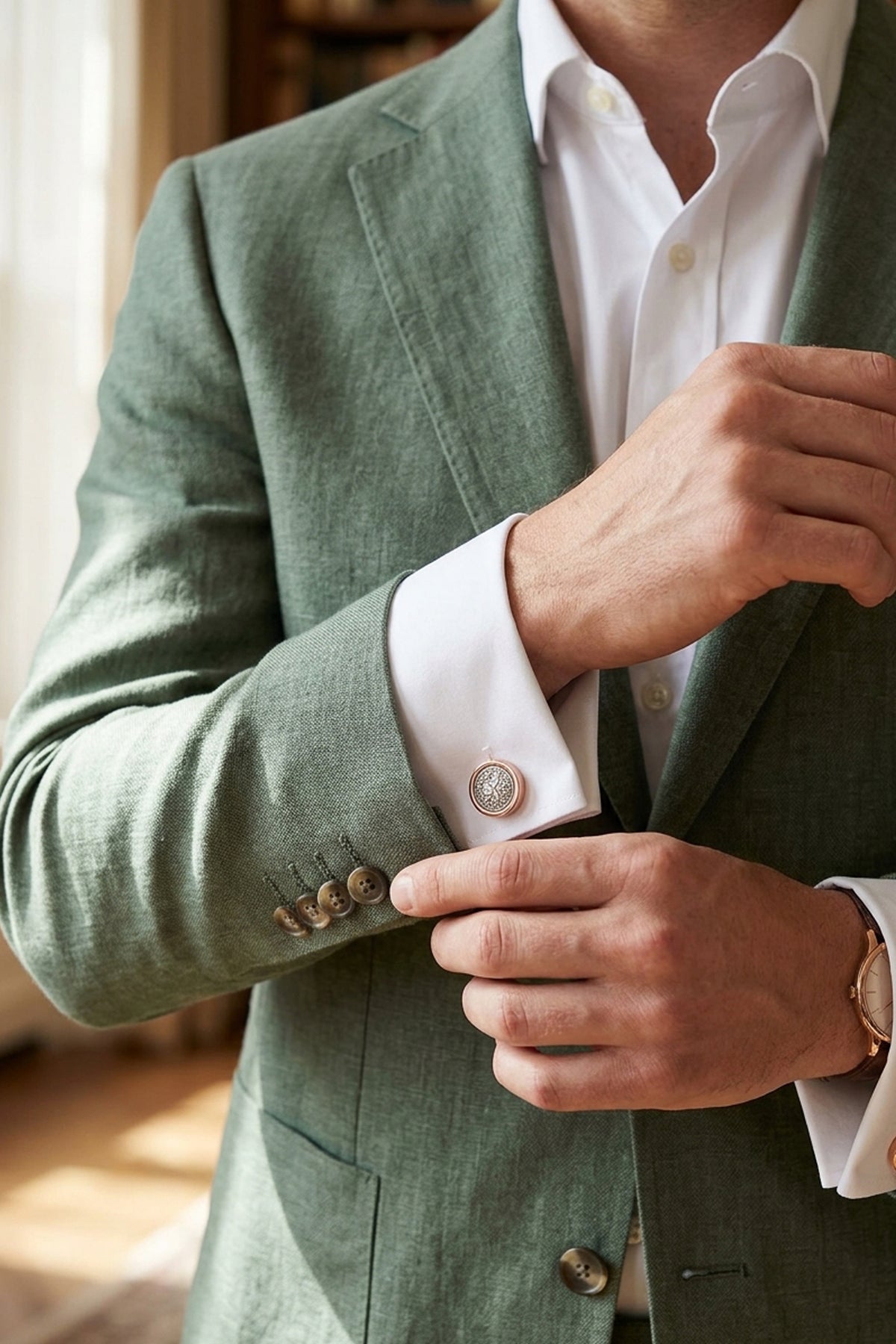 Silver Leaf Round Cufflinks in Rose Gold