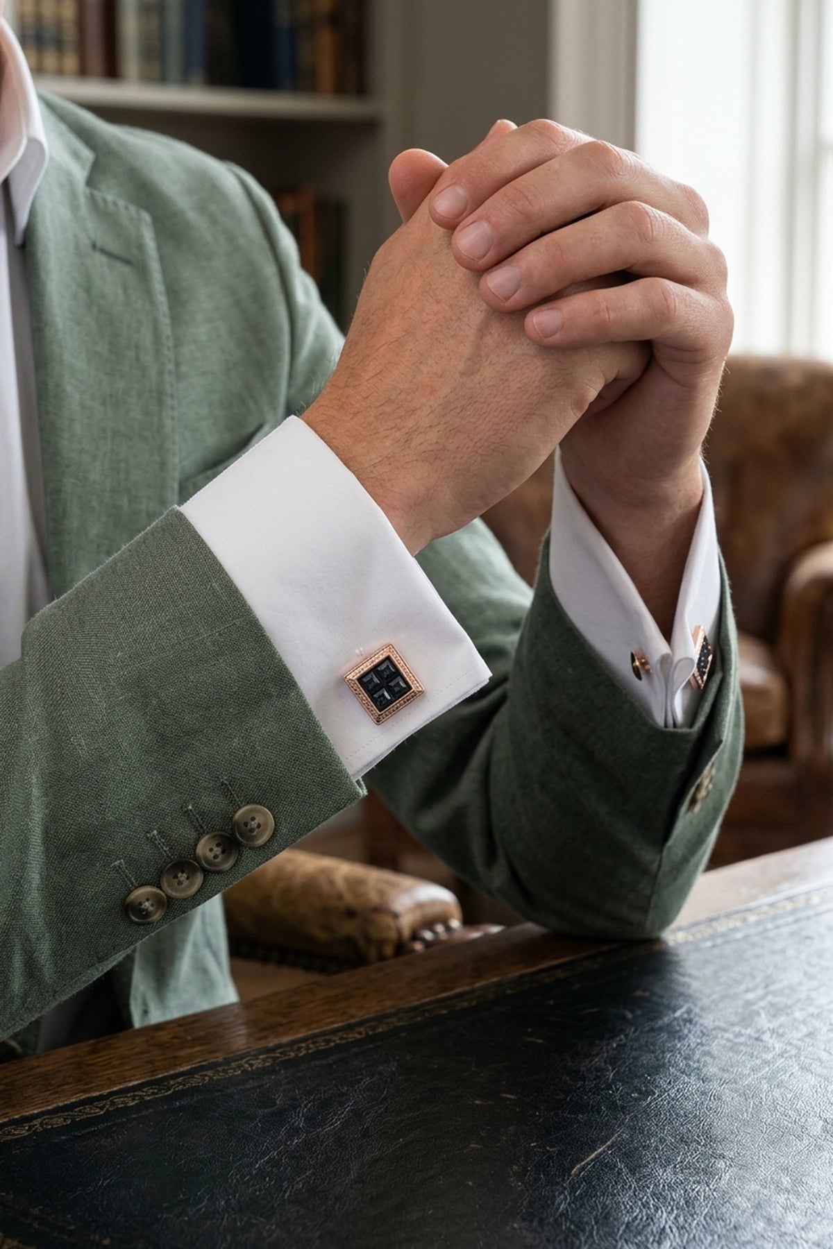 Rose Gold Square Cufflinks with Navy Stone