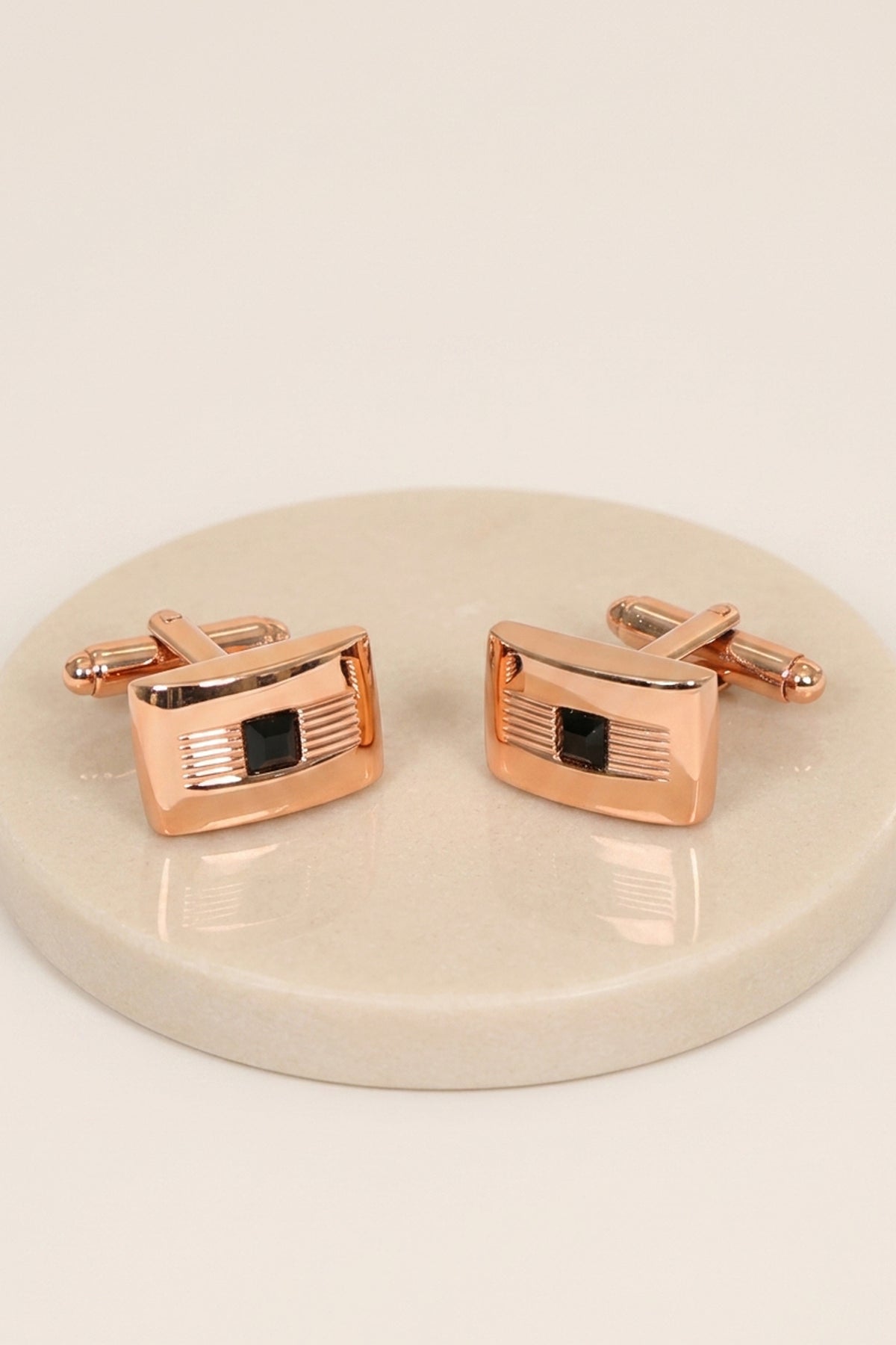 Rose Gold Rectangle Cufflinks with Black Stone