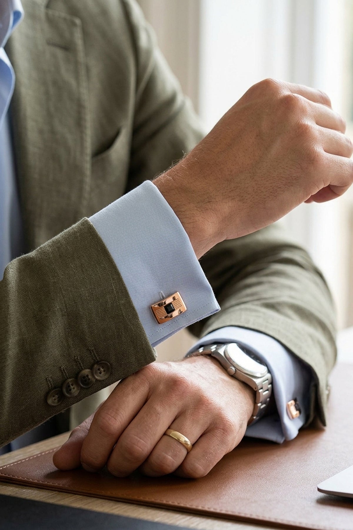 Rose Gold Rectangle Cufflinks with Black Stone