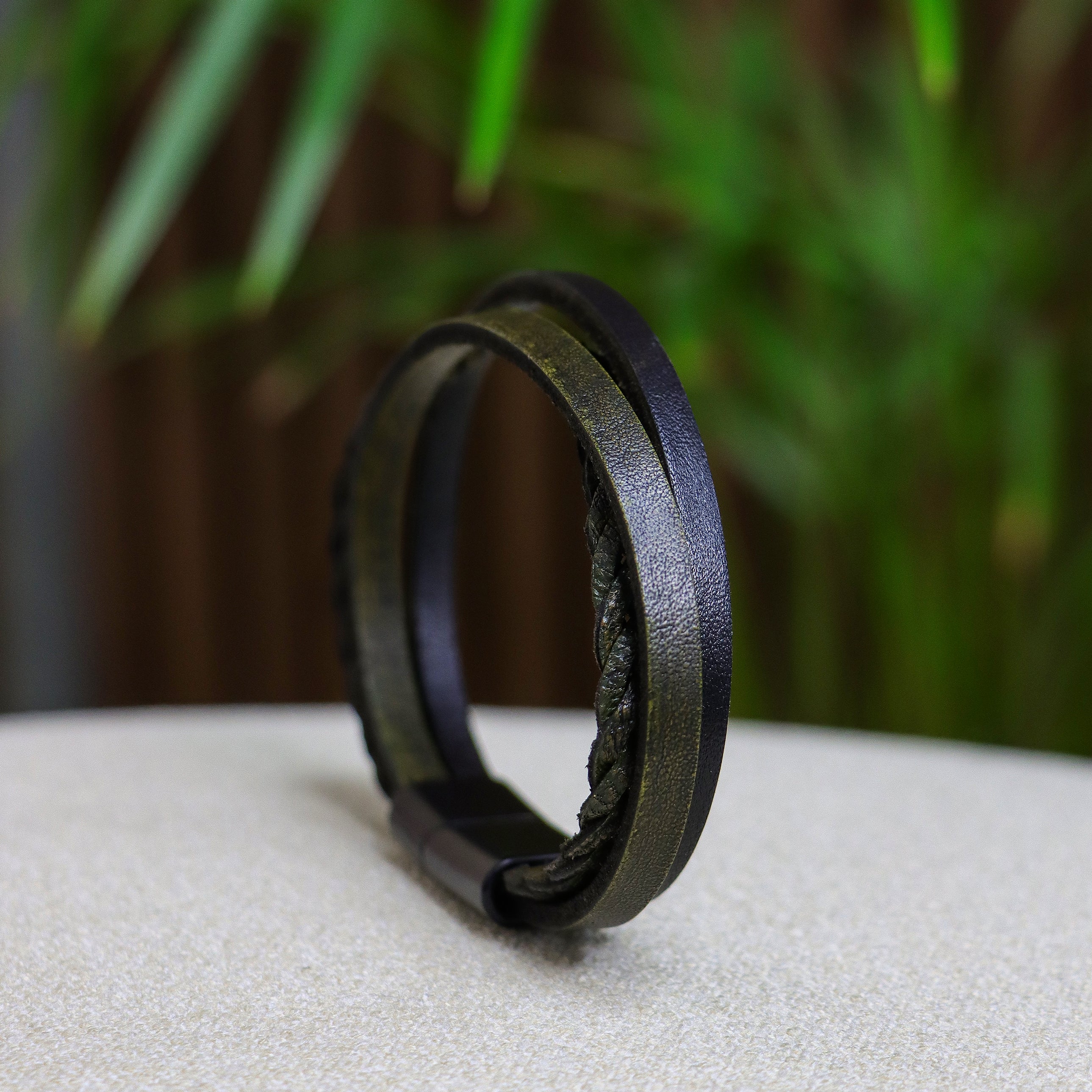 Khaki Two-Layer Leather Bracelet