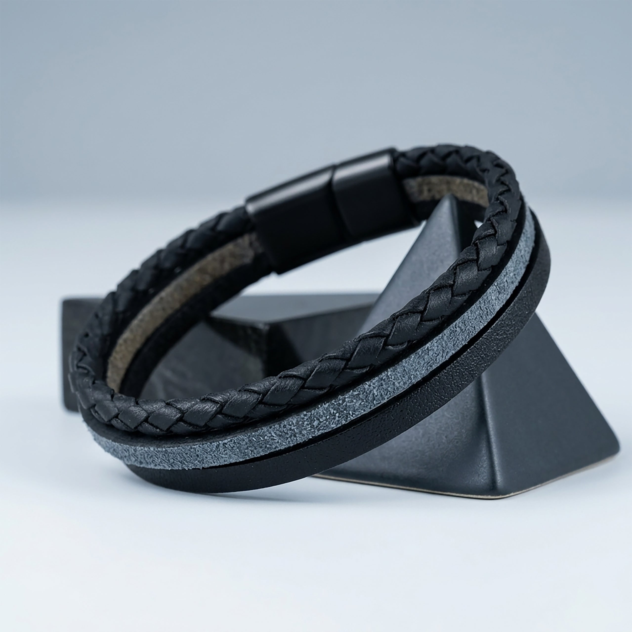 Grey Three-Layer Leather Bracelet