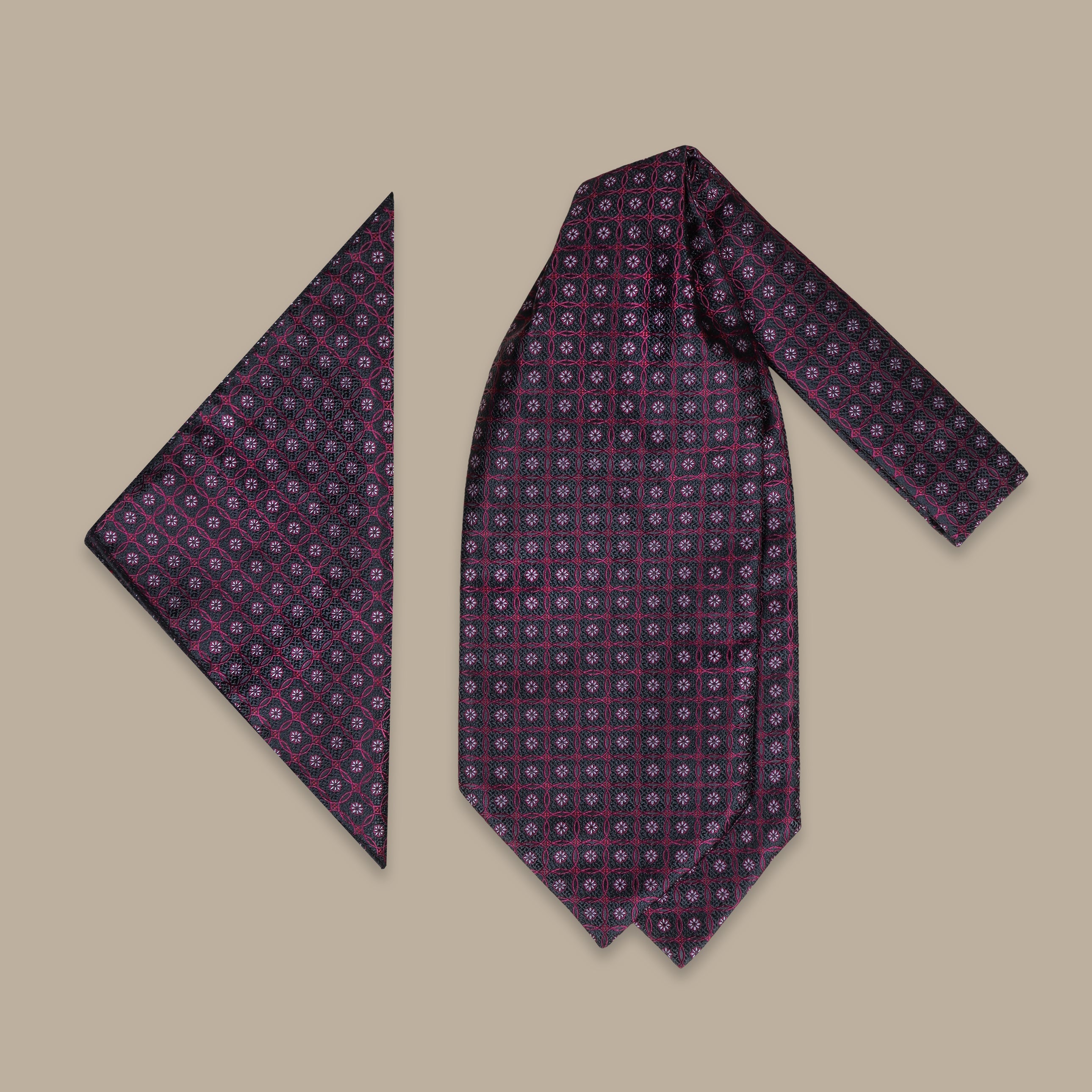 Black Ascot with Burgundy Circle Design – 2-Piece Set