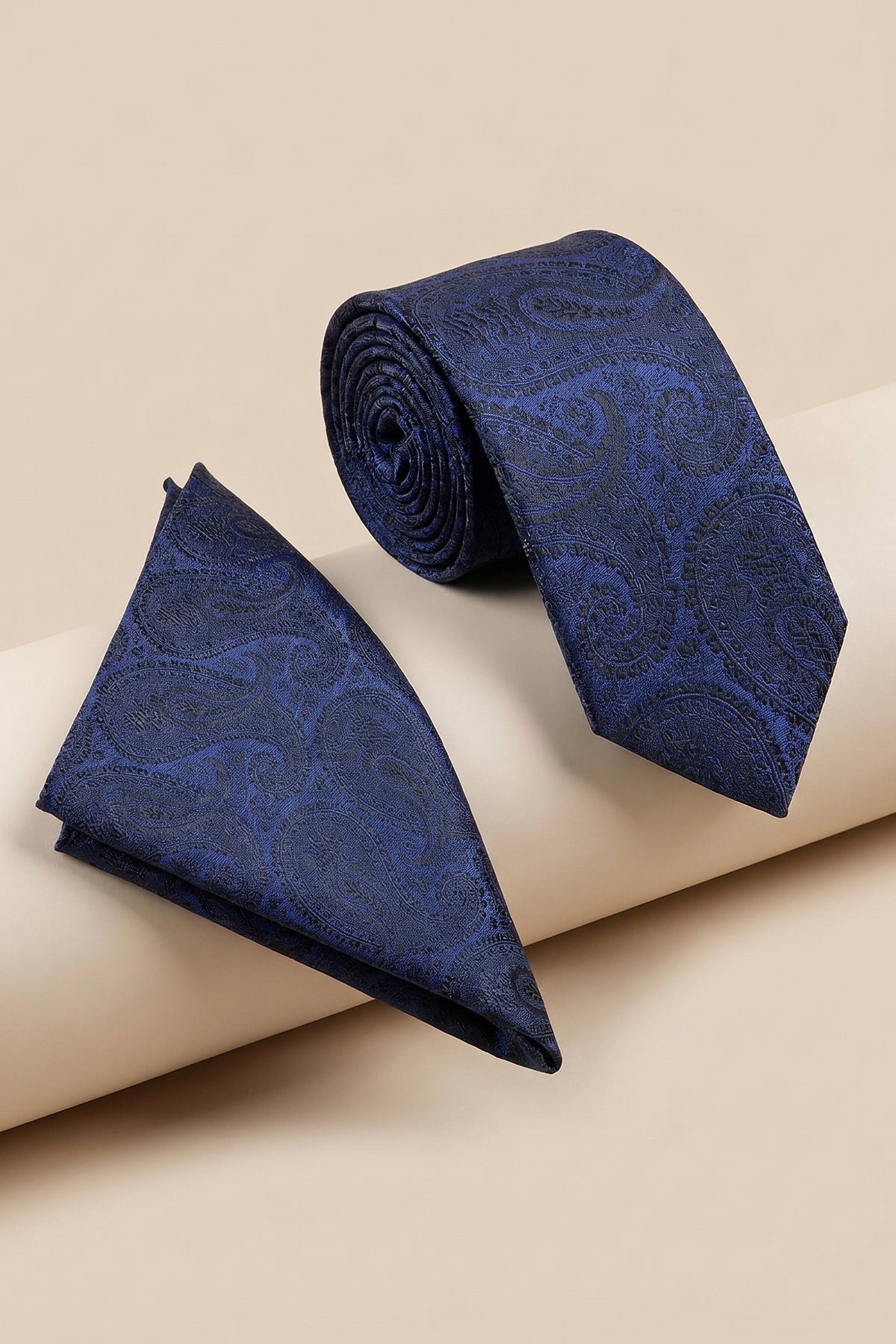 Navy Slim Tie with Large Cashmere Pattern – 2-Piece Set