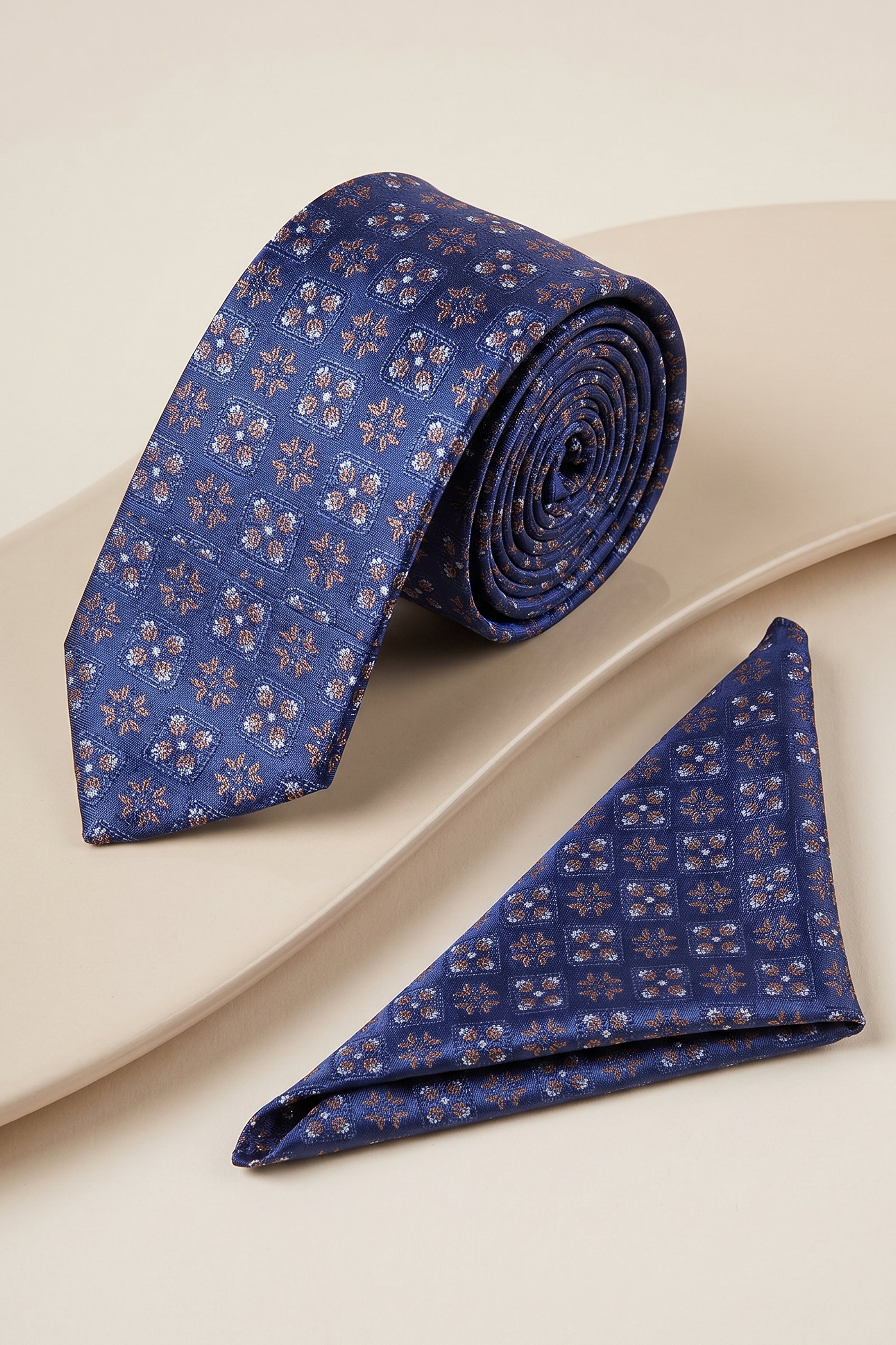 Navy Slim Tie with Brown Floral Pattern – 2-Piece Set