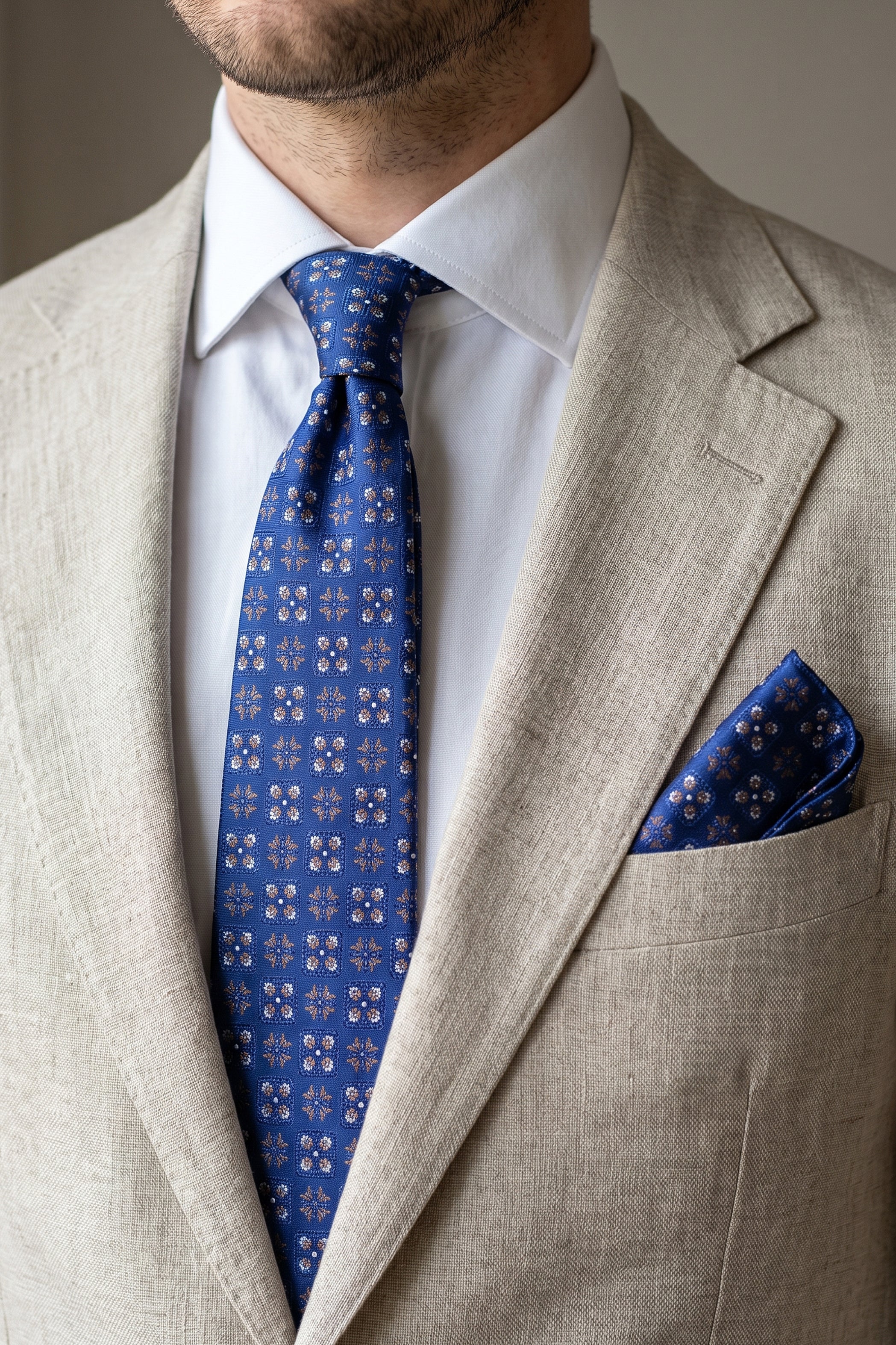 Navy Slim Tie with Brown Floral Pattern – 2-Piece Set