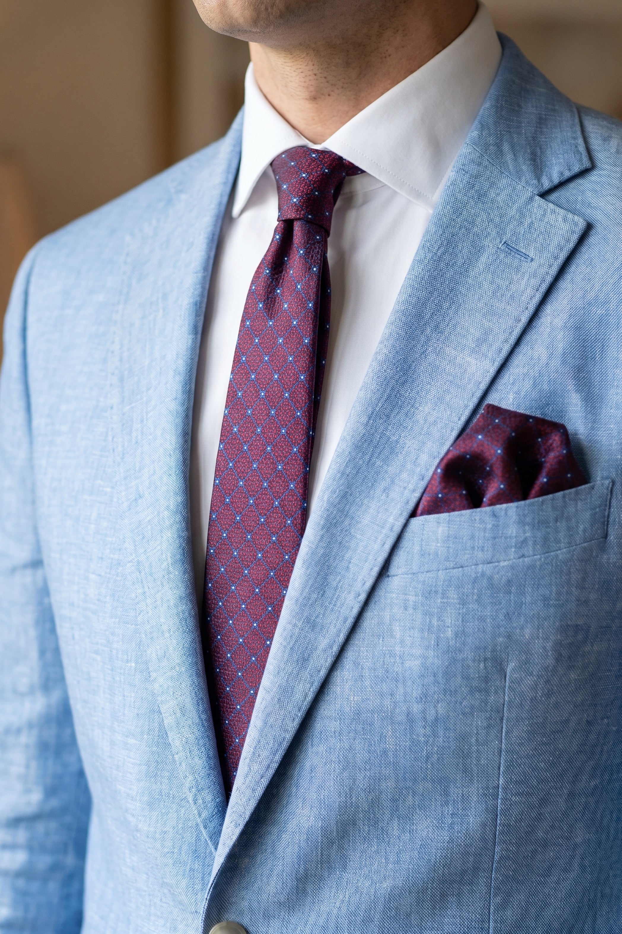 Red Slim Tie with Navy Star Pattern – 2-Piece Set