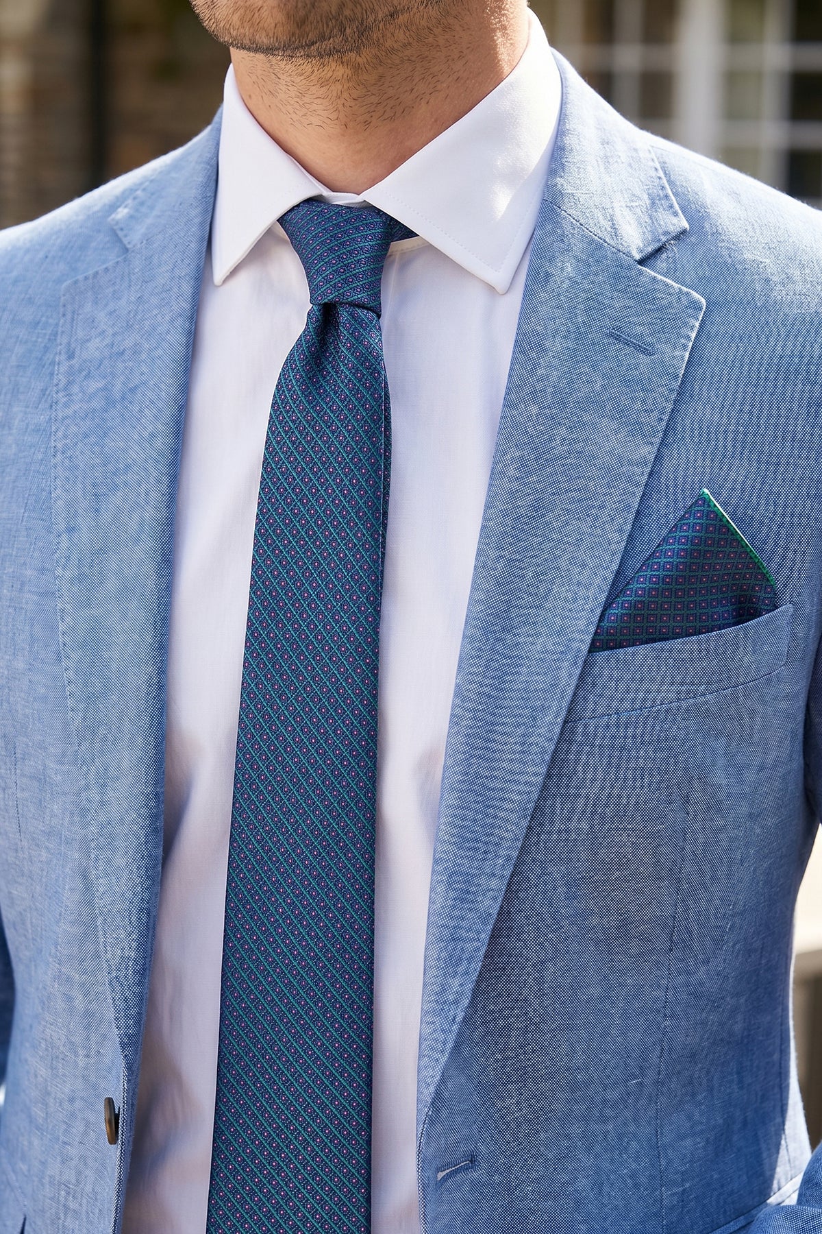 Green Slim Tie with Small Diamond Pattern – 2-Piece Set