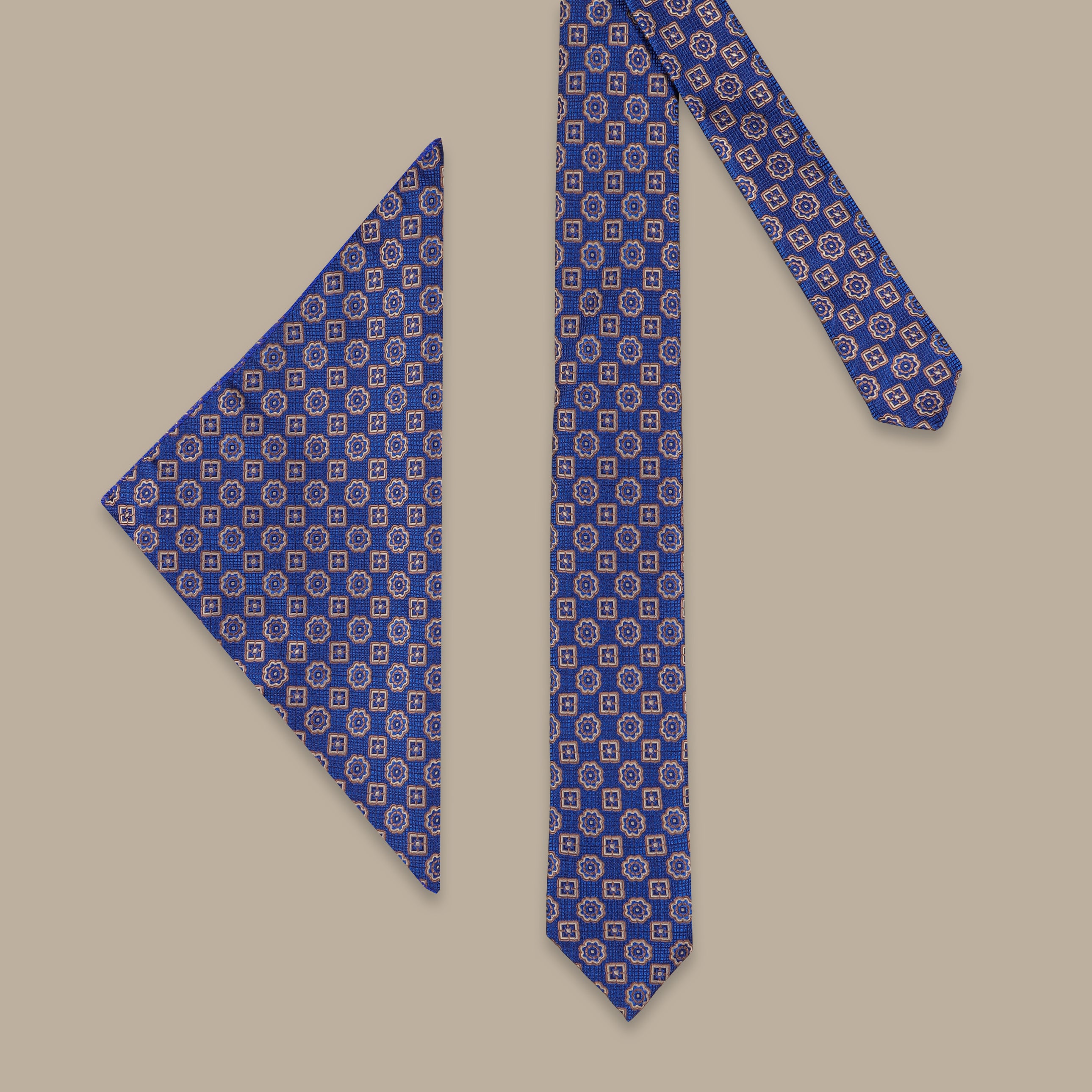 Navy Slim Tie with Beige Vintage Pattern – 2-Piece Set