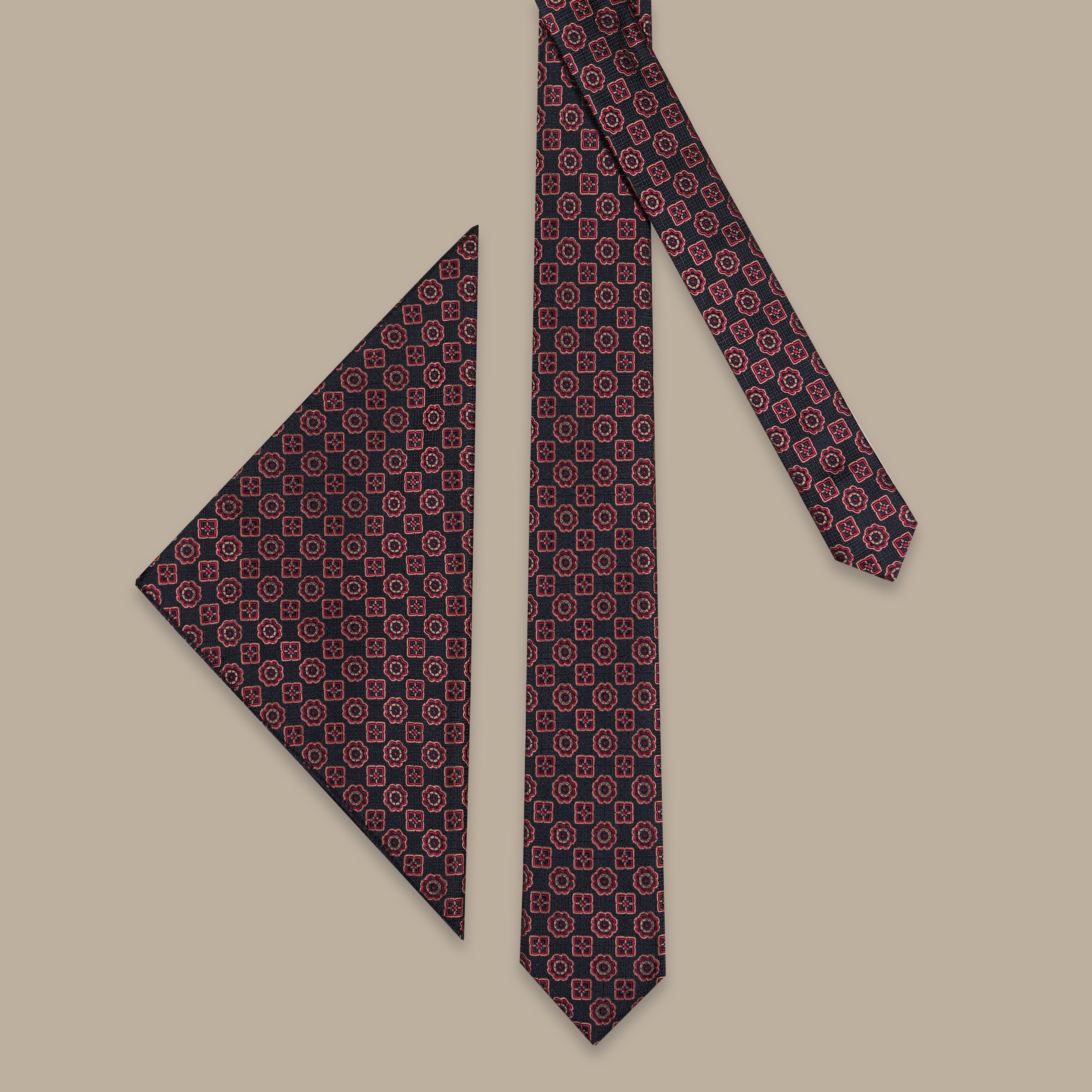 Burgundy Vintage Pattern Tie with Black Details – 2 Pieces