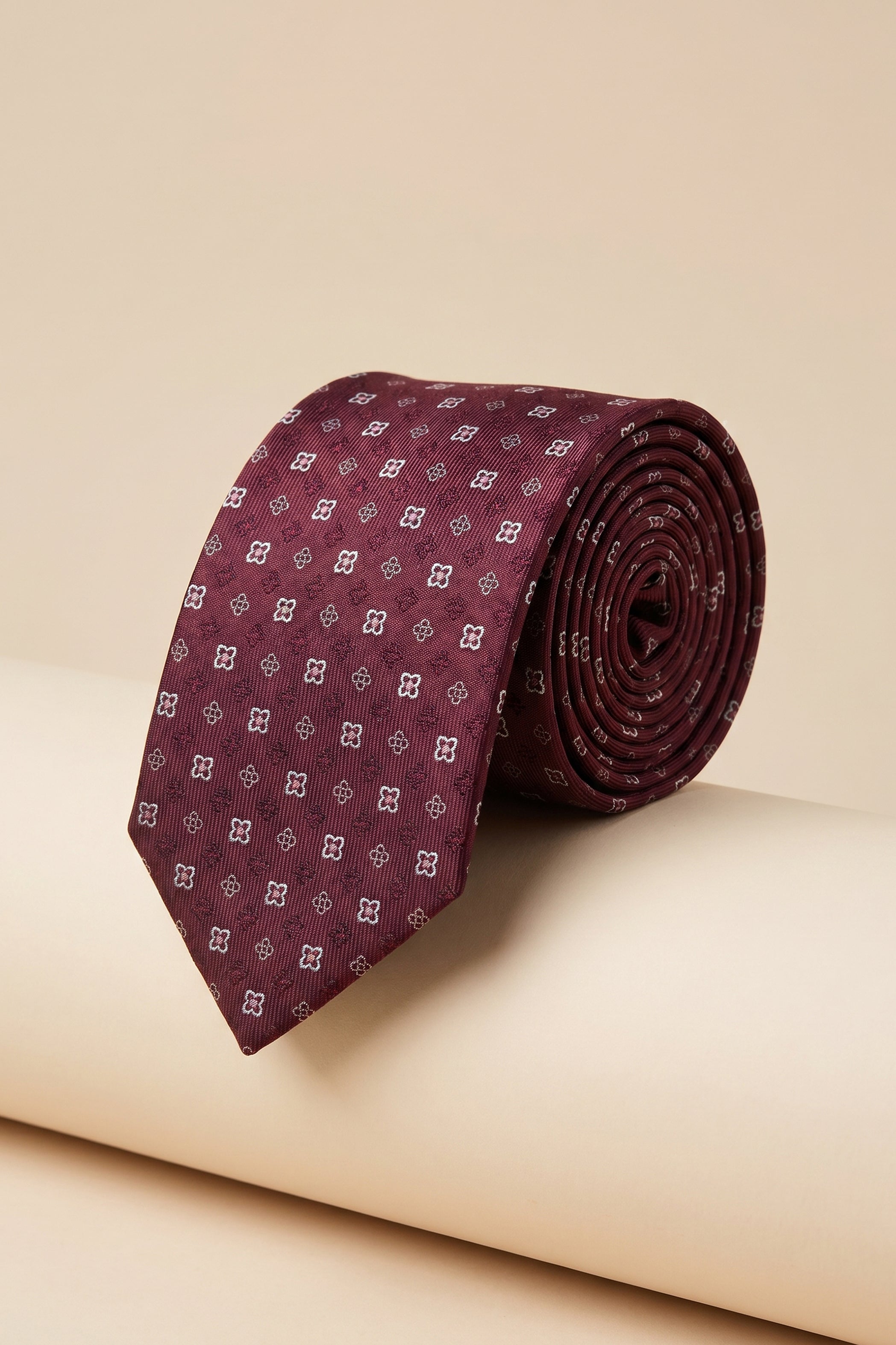 Printed Flower Pattern Burgundy Tie