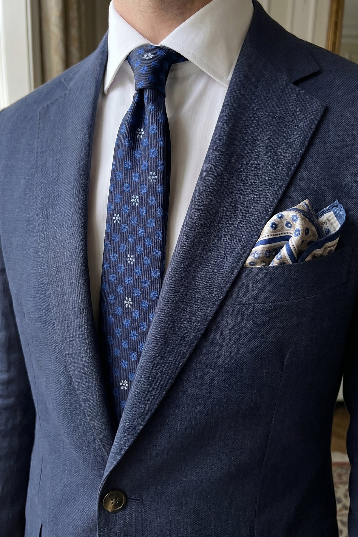 Blue Floral Silk Dark Navy Tie