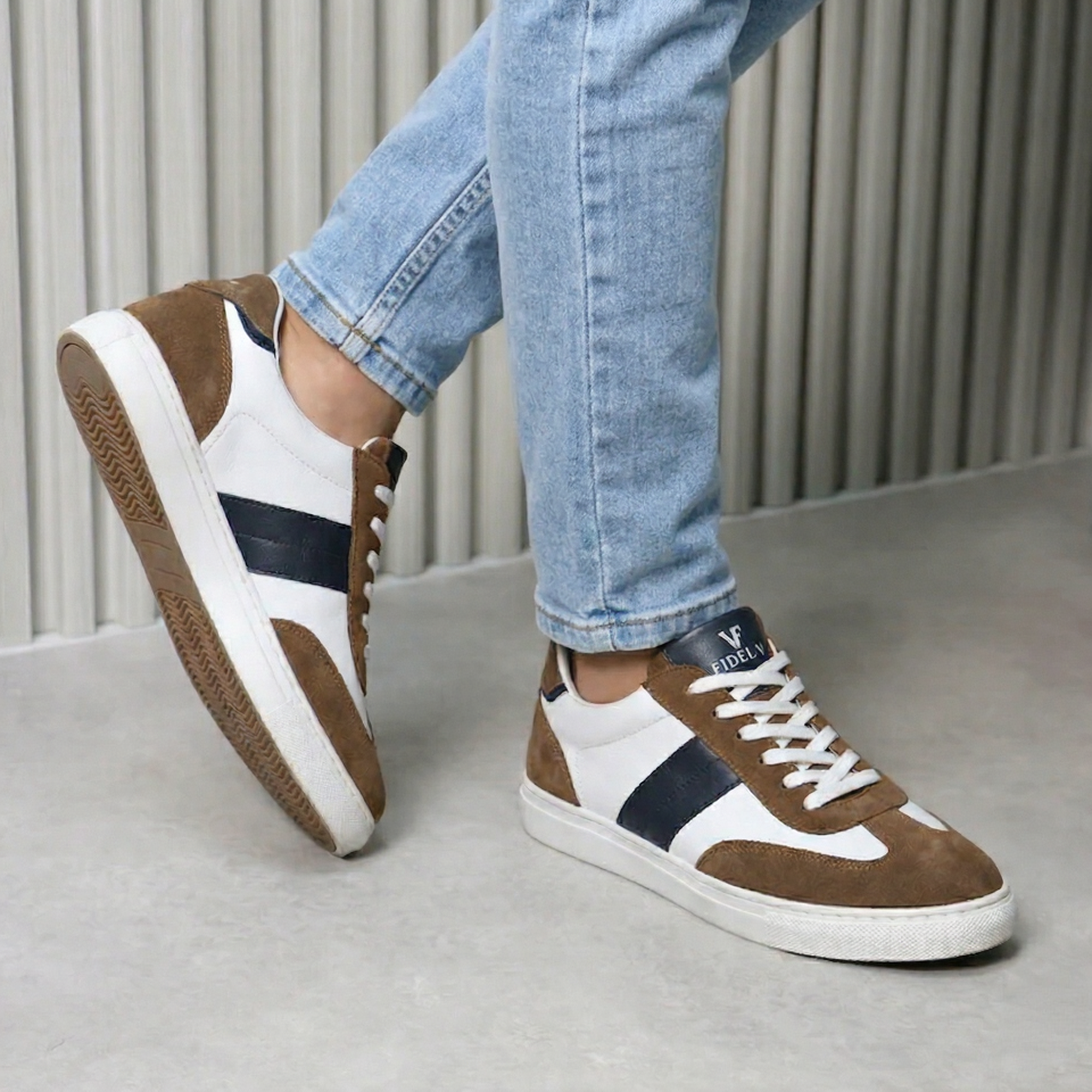 White Retro-Style Trainers with Beige and Navy Patch
