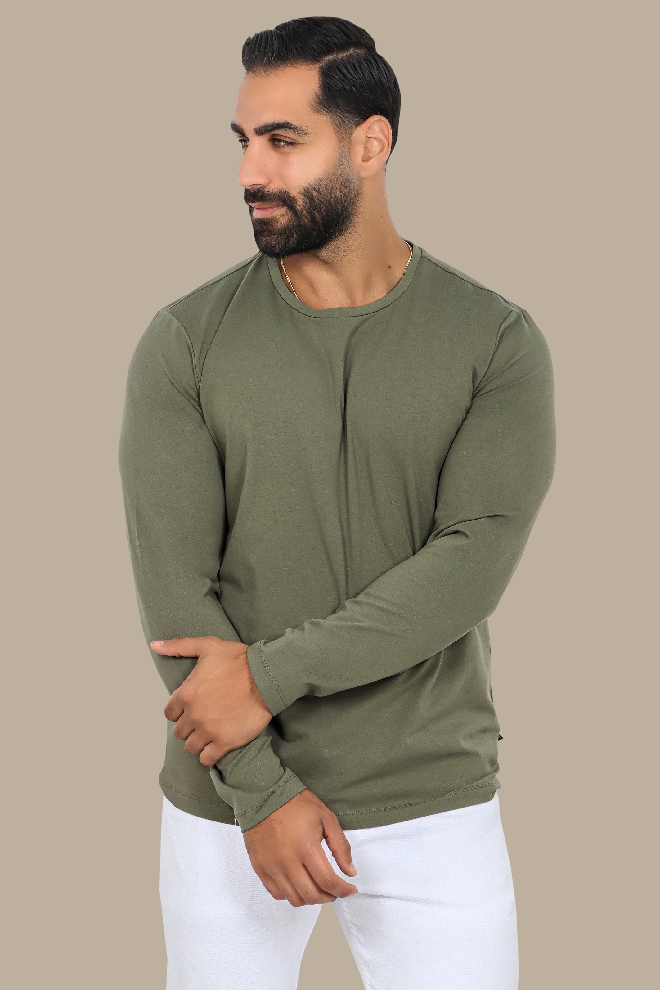 Khaki Long Sleeve Round Neck Top