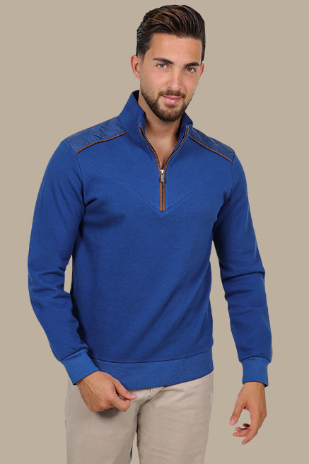 Blue Half-Zip Sweater with V-Cut and Shoulder Detail