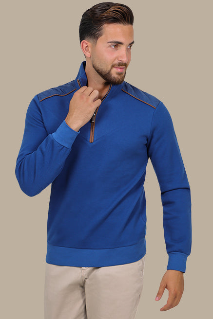 Blue Half-Zip Sweater with V-Cut and Shoulder Detail