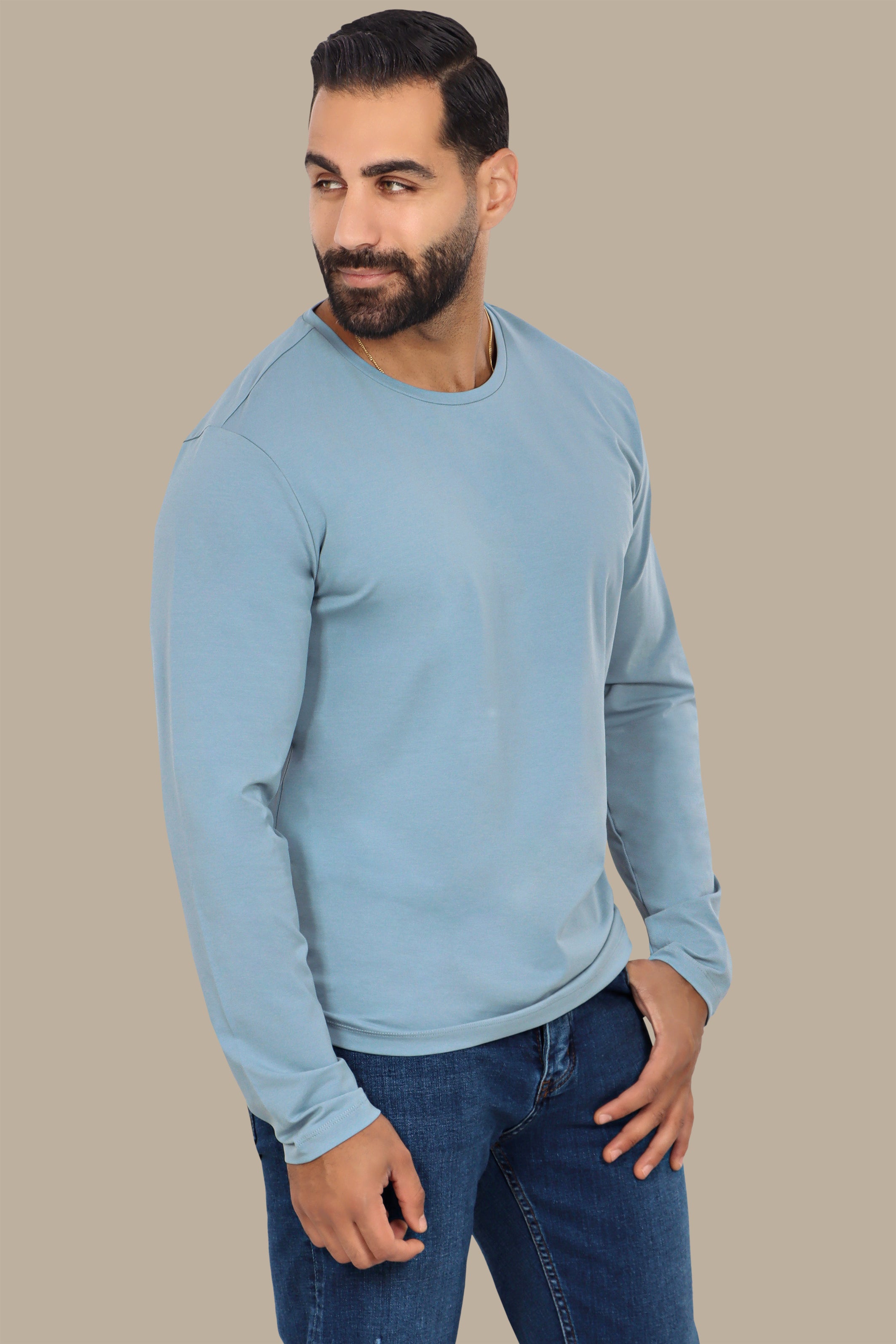 Light Blue Long Sleeve Round Neck Top