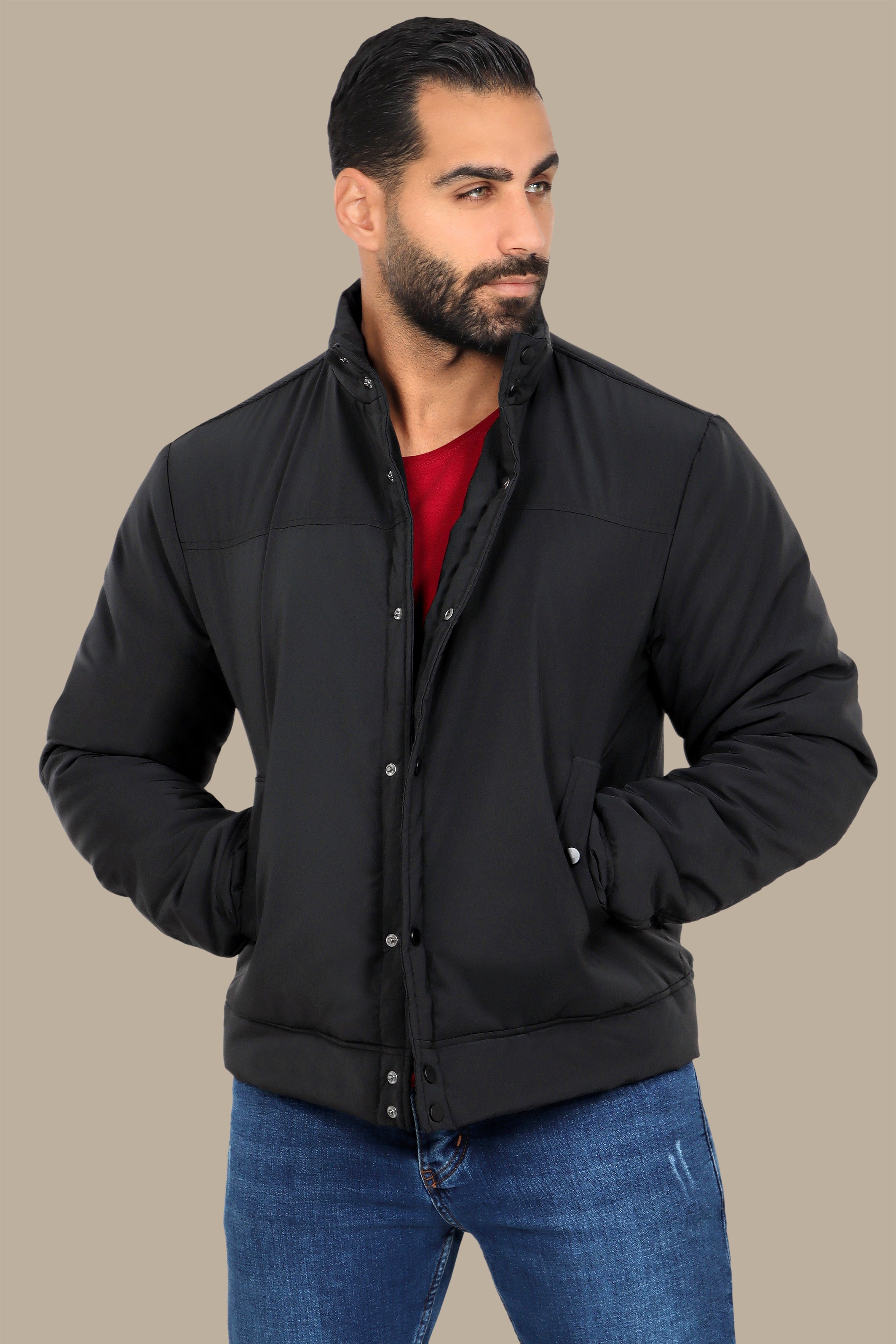 Black Full Button Puffer Jacket