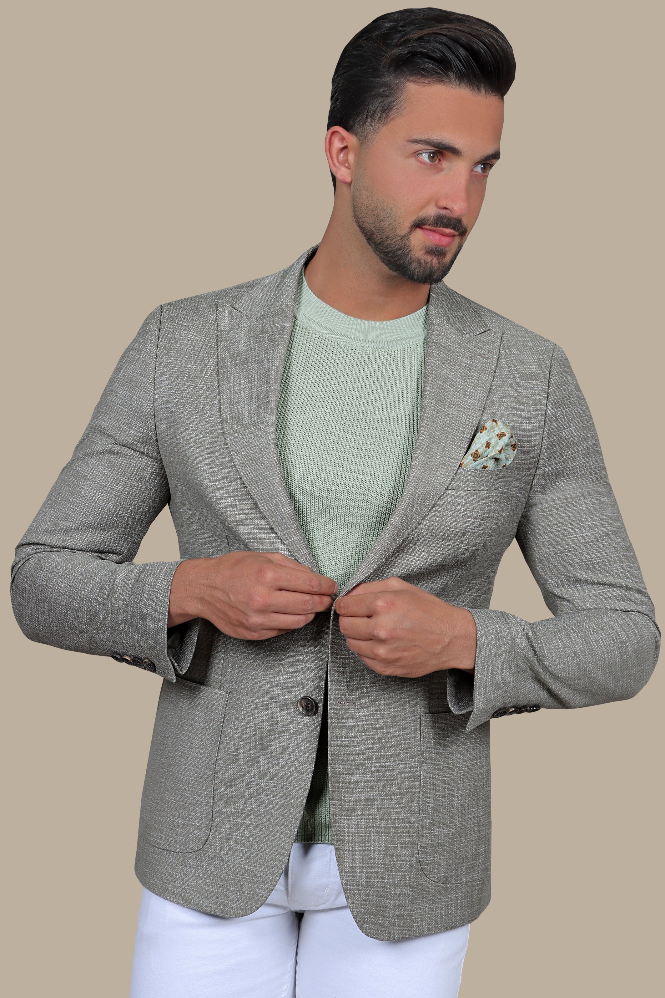 Olive Cotton Fil-a-Fil Blazer with Peak Lapel