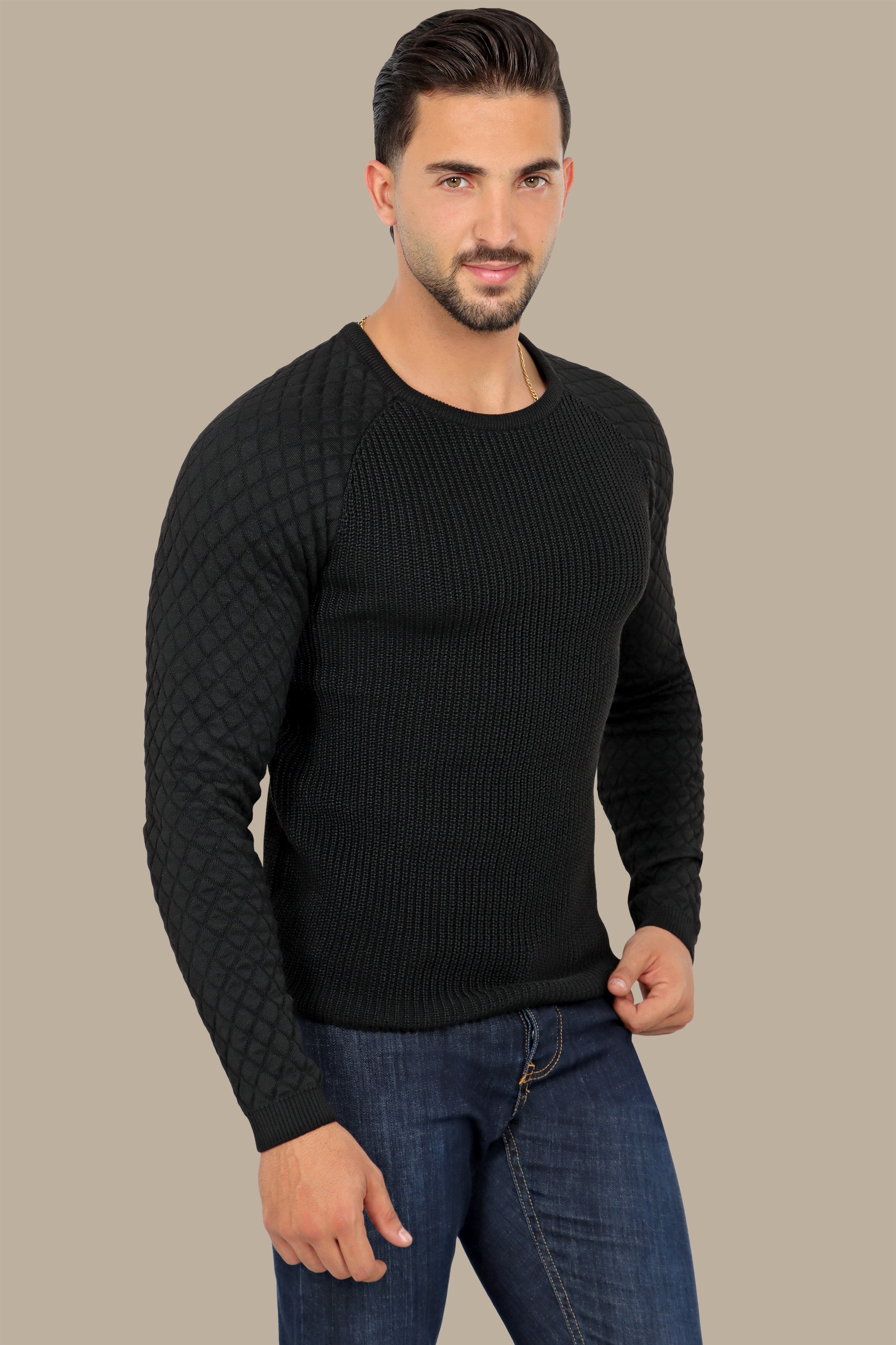 Black Mercerized Sweater with Lozenge Shoulder Pattern